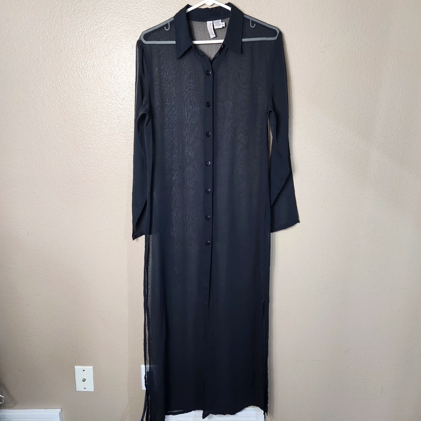 Vintage VINTAGE Sun Streak by Newport News Womens |M| Black Sheer LS Maxi Cover Up Dress w/Slits Size M / US 6-8 / IT 42-44 - 2 Thumbnail