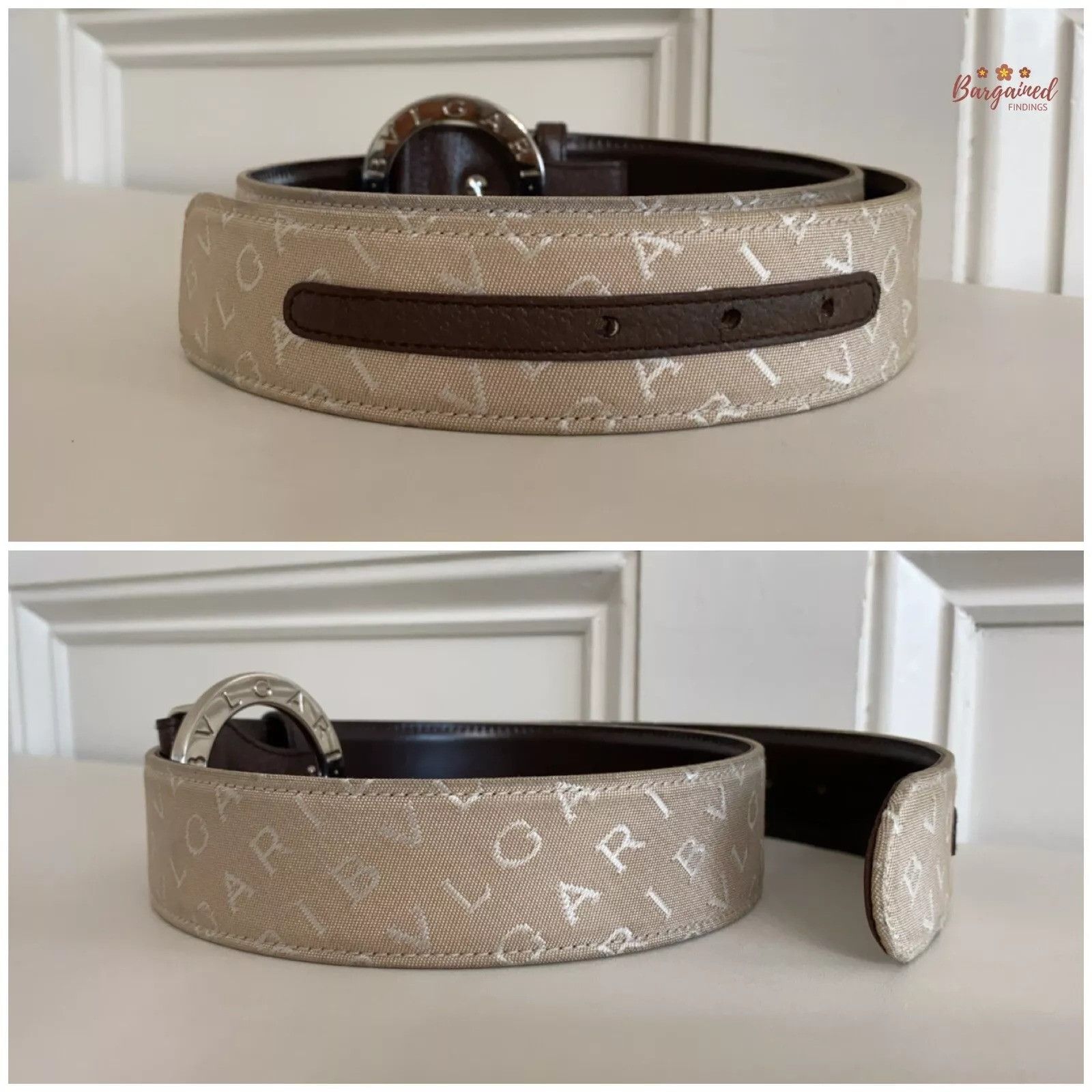 Bvlgari BVLGARI Beige Canvas Dark Brown Leather Silver Round Buckle Size 30 - 8 Thumbnail