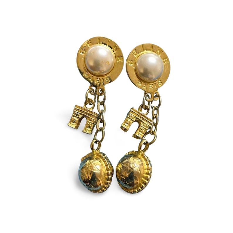 image of Celine Vintage Golden Round Frame Faux Pearl Dangle Earrings With Triomphe And Golden Ball Charm, W