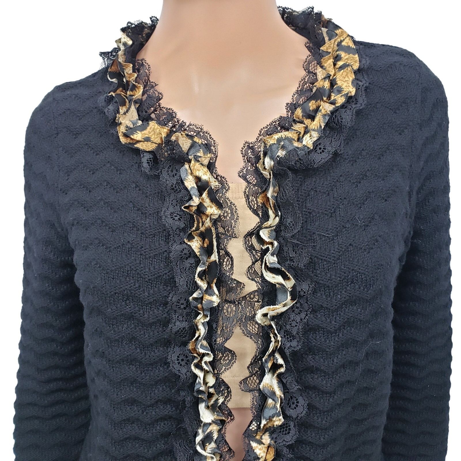 Chicos Chicos Cardigan Sweater Animal Print Lace Ruffle Trim 0 S Size S / US 4 / IT 40 - 4 Thumbnail