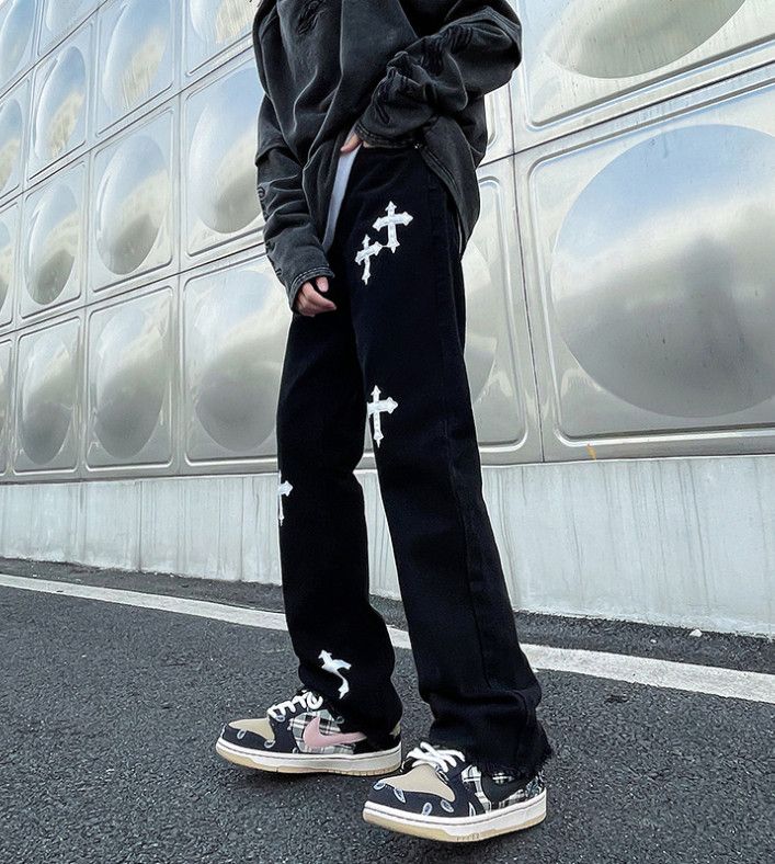 Japanese Brand Men's high street loose straight cross embroidered jeans Size US 32 / EU 48 - 3 Thumbnail