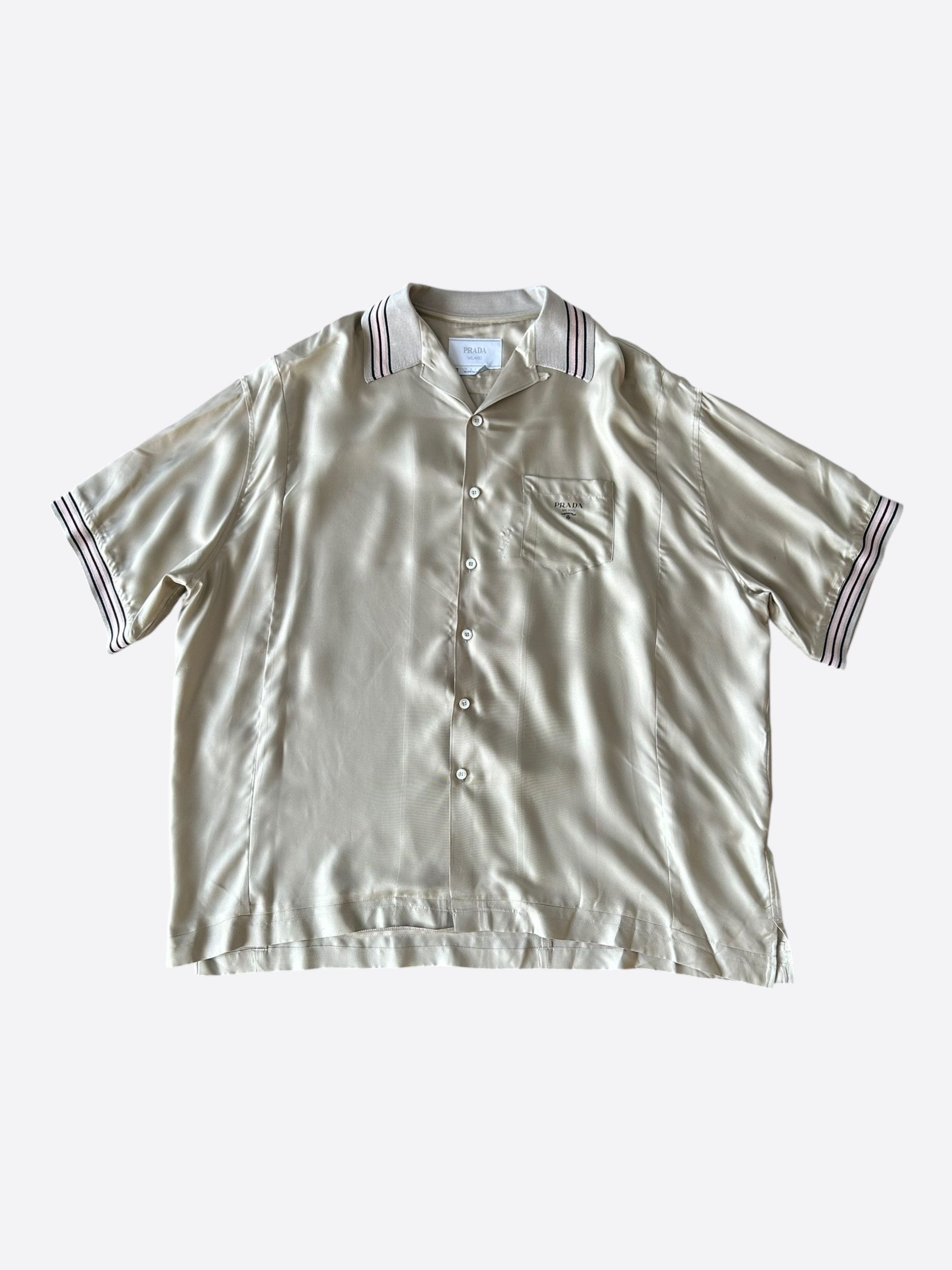 Prada Prada Beige & Black Striped Logo Silk Button Up Shirt Size US XXL / EU 58 / 5 - 1 Thumbnail