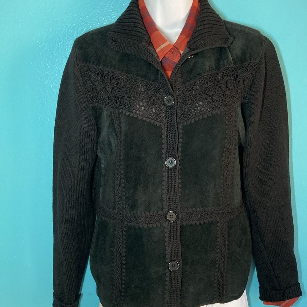 Vintage Maurice Sasson Vintage 90's Black Leather & Knit Cardigan Sw Size S / US 4 / IT 40 - 1 Thumbnail