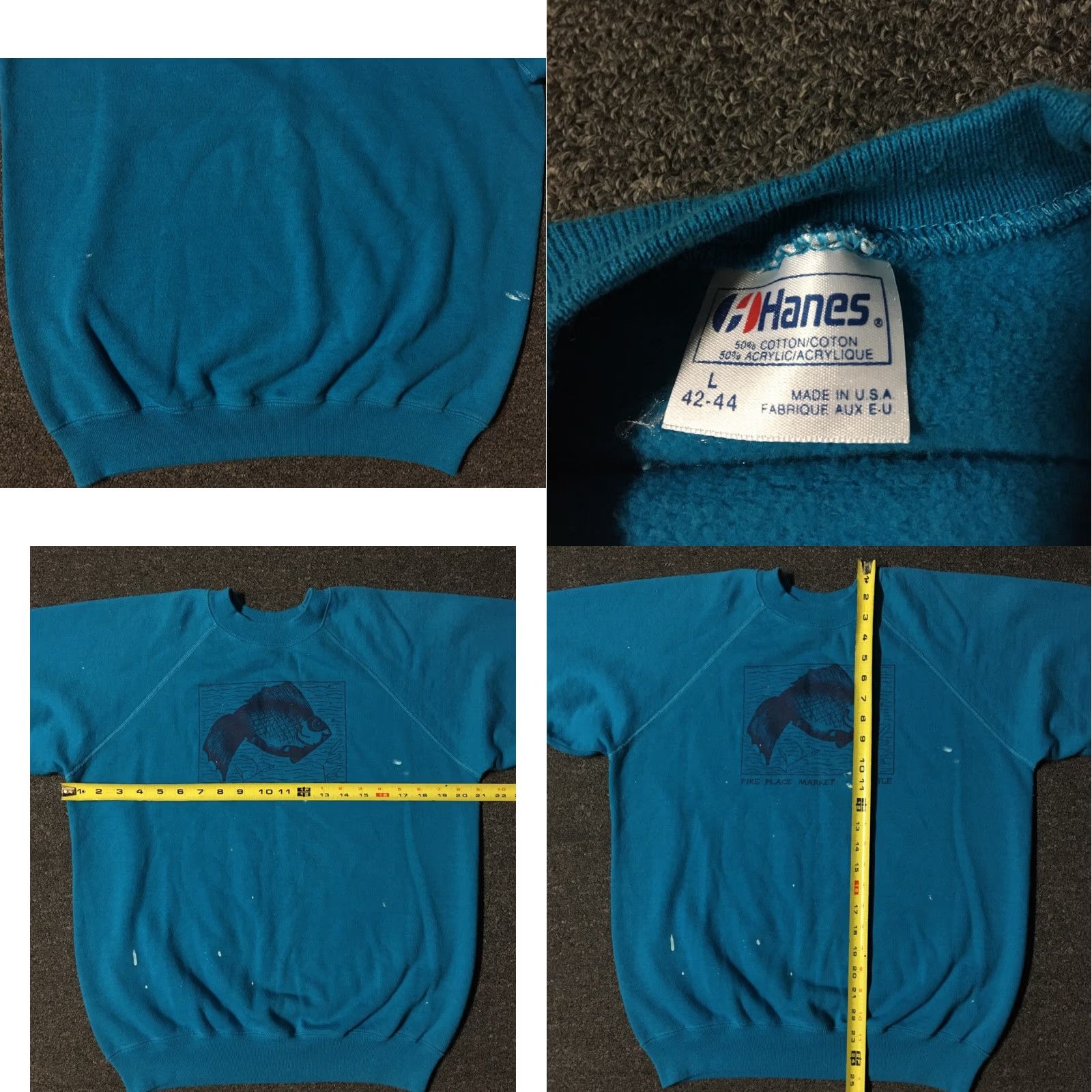 Hanes VINTAGE 80s Seattle Pike Place Fish Market Distressed Paint Sweatshirt Blue S Mens Small Pullover Hanes Size US S / EU 44-46 / 1 - 8 Thumbnail