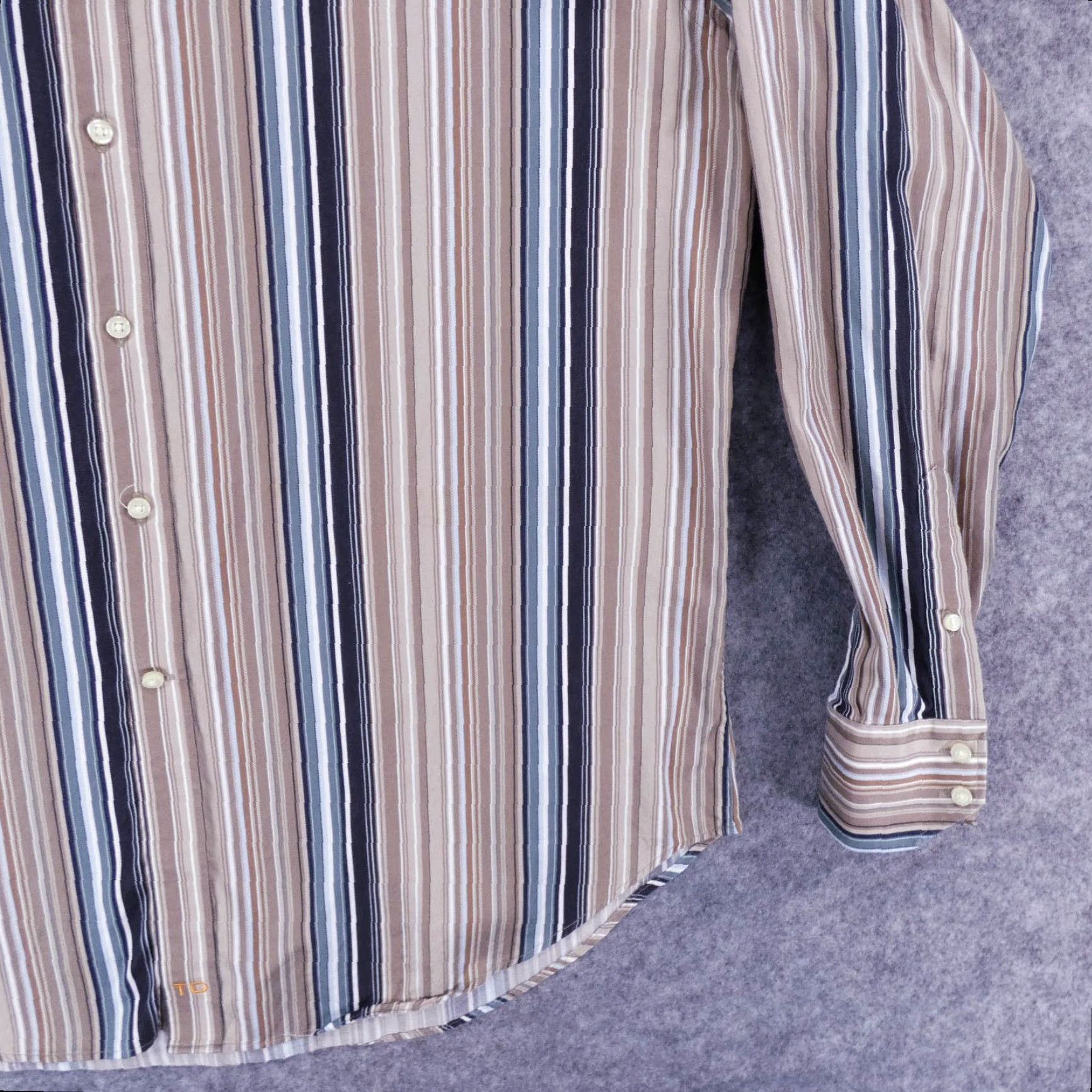 Vintage Thomas Dean Shirt Mens Extra Large Button Up Long Sleeve Beige Blue Striped Size US XL / EU 56 / 4 - 5 Thumbnail