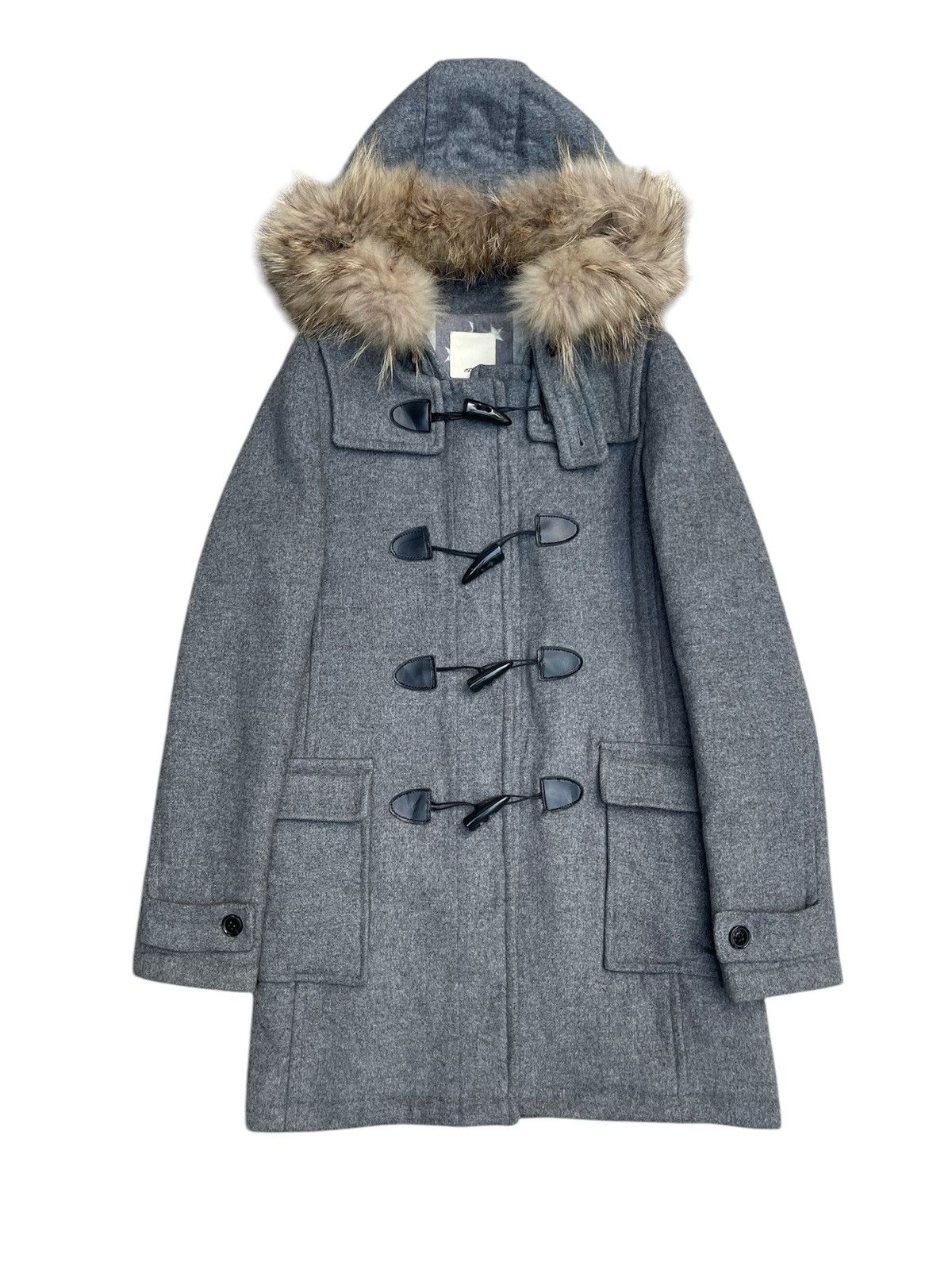 Moussy Wool Duffle Coat with Fur Trim Hood - Grey