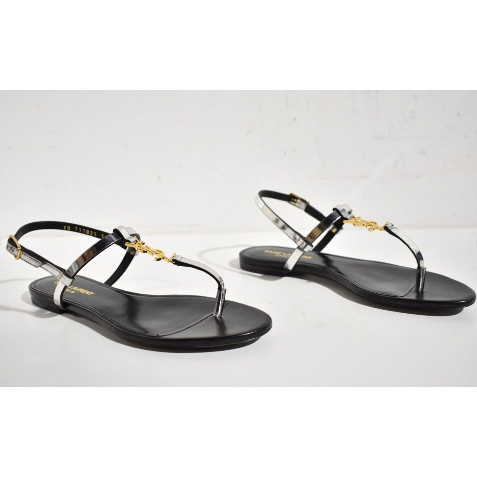 Yves Saint Laurent Saint Laurent YSL Logo Cassandra Iota 05 Silver Black Thong Size US 8 / IT 38 - 4 Thumbnail