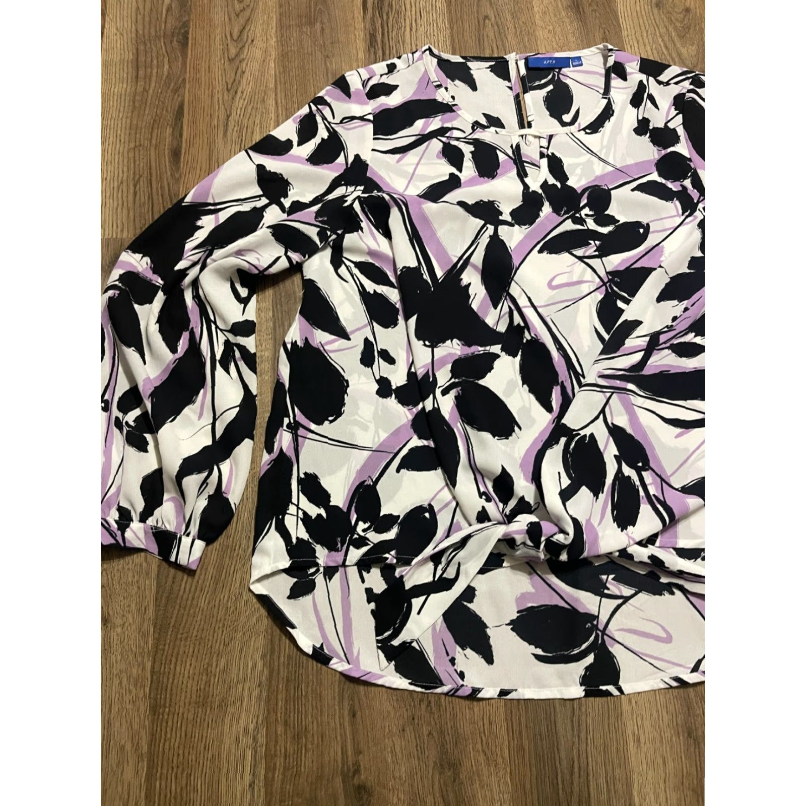 Apt. 9 Apt.9 Shirt Women's L Black White Purple Floral Print Long Sleeve Size L / US 10 / IT 46 - 3 Thumbnail