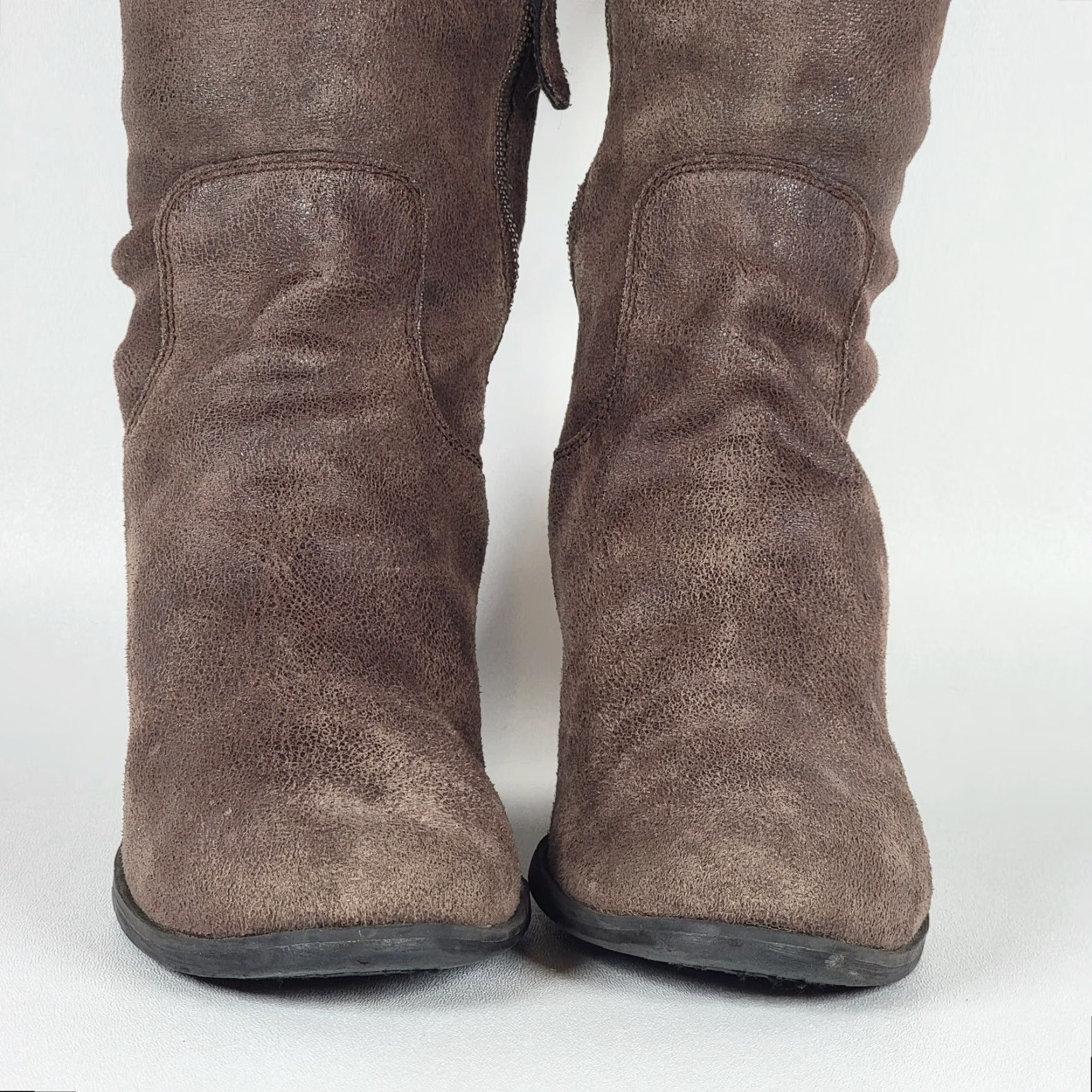 Vintage Hinge Over The Knee Brown Faux Leather Grunge Boot Pull On Women's 8M Heel Western Block Styling Size US 8 / IT 38 - 4 Thumbnail