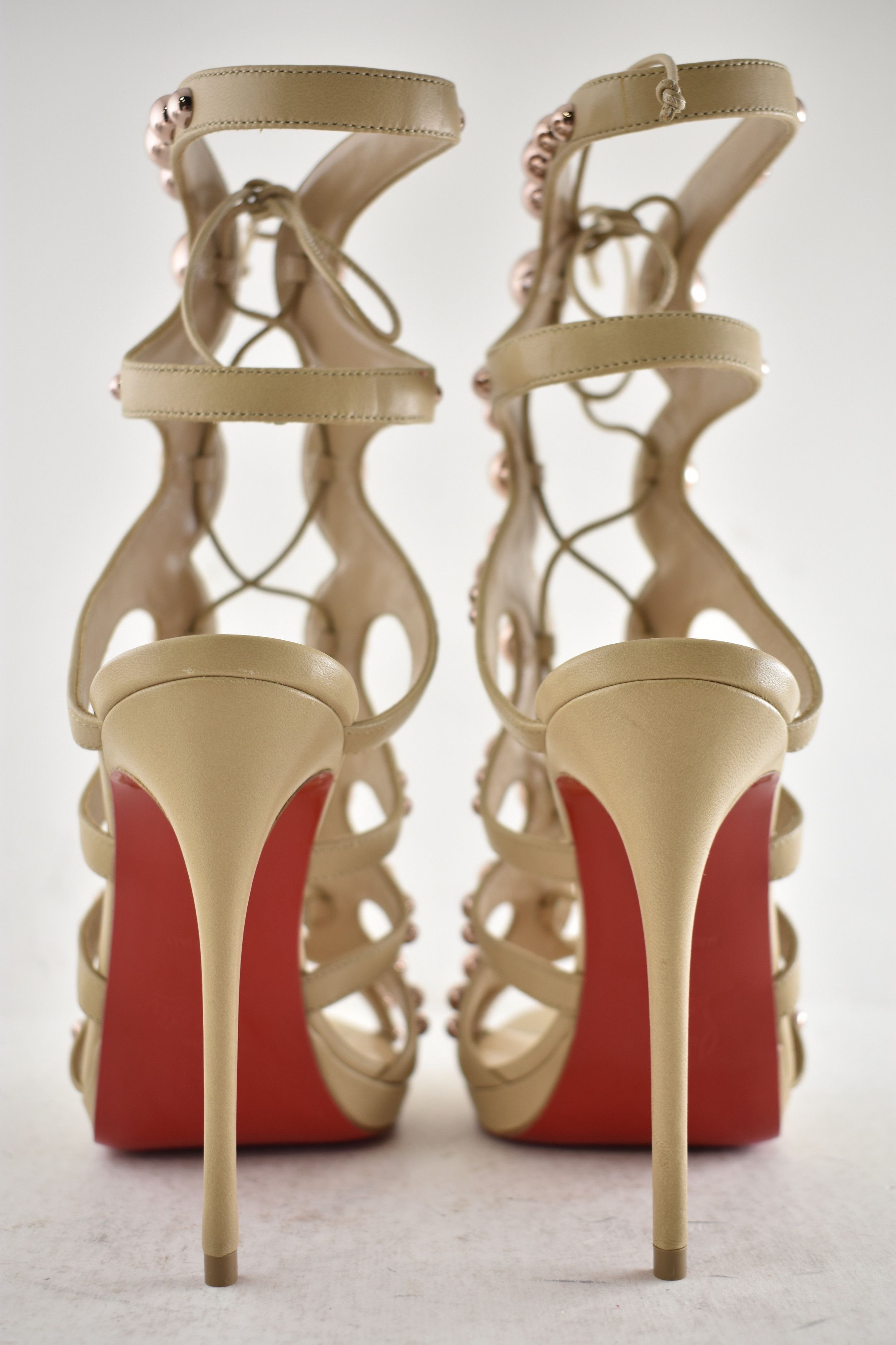 Christian Louboutin Amazoubille 120 Nude Beige Lace Up Tie Sandal Heel Pump 35 Size US 5 / IT 35 - 14 Thumbnail