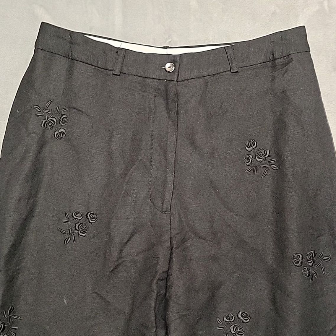 Vintage Jillian Jones Pants Womens 12 Black Embroidered Floral Linen Rayon Wide-Leg Pants Size 34" / US 12 / IT 48 - 3 Thumbnail