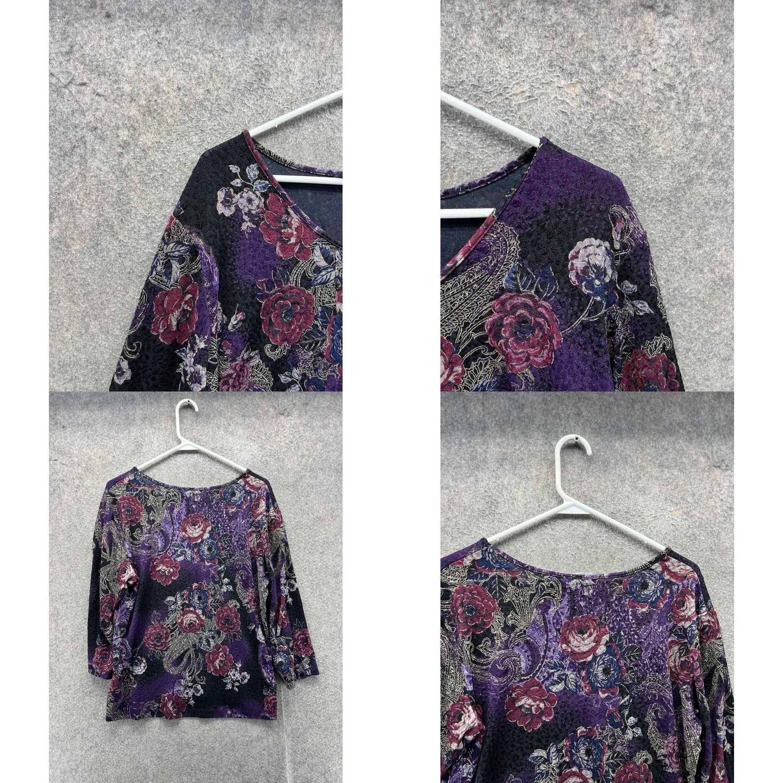 Vintage Additions by Chico's Blouse Womens 3 Purple Floral V Neck 3/4 Sleeve Stretch Top Size XS / US 0-2 / IT 36-38 - 8 Thumbnail