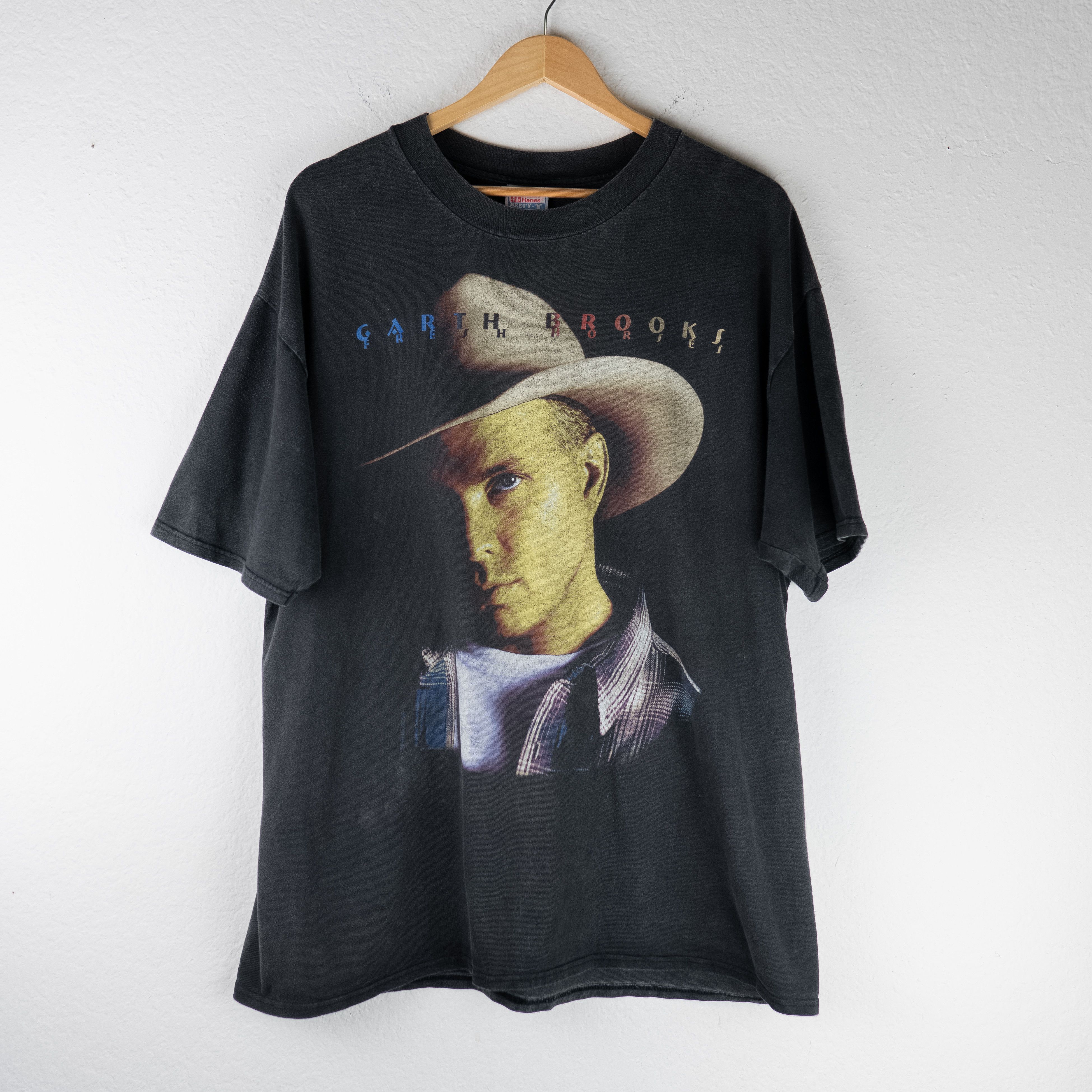 image of Band Tees x Vintage Sun Faded Vintage Garth Brooks Fresh Horses Tour T Shirt in Black (Size XL)