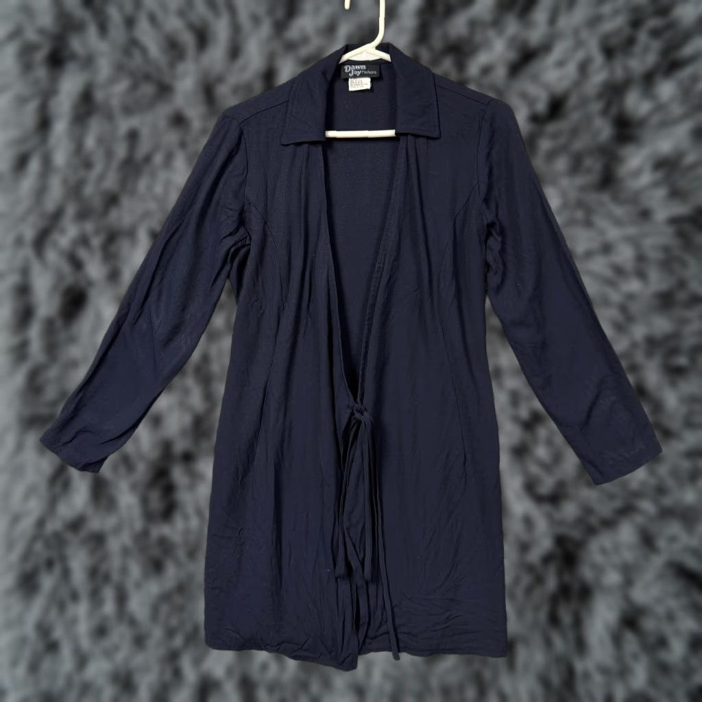 Vintage VINTAGE Dawn Joy Fashions Cardigan Sweater 5/6 Blue Open Front Belted Collared Knit Office Womens Juniors Long Sleeve USA Made Size S / US 4 / IT 40 - 1 Thumbnail
