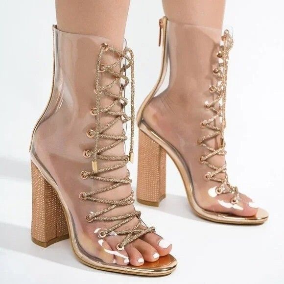 Other See Me Rose Gold Rhinestone Laces Heels Clear Upper Open Toe Size US 6 / IT 36 - 6 Thumbnail