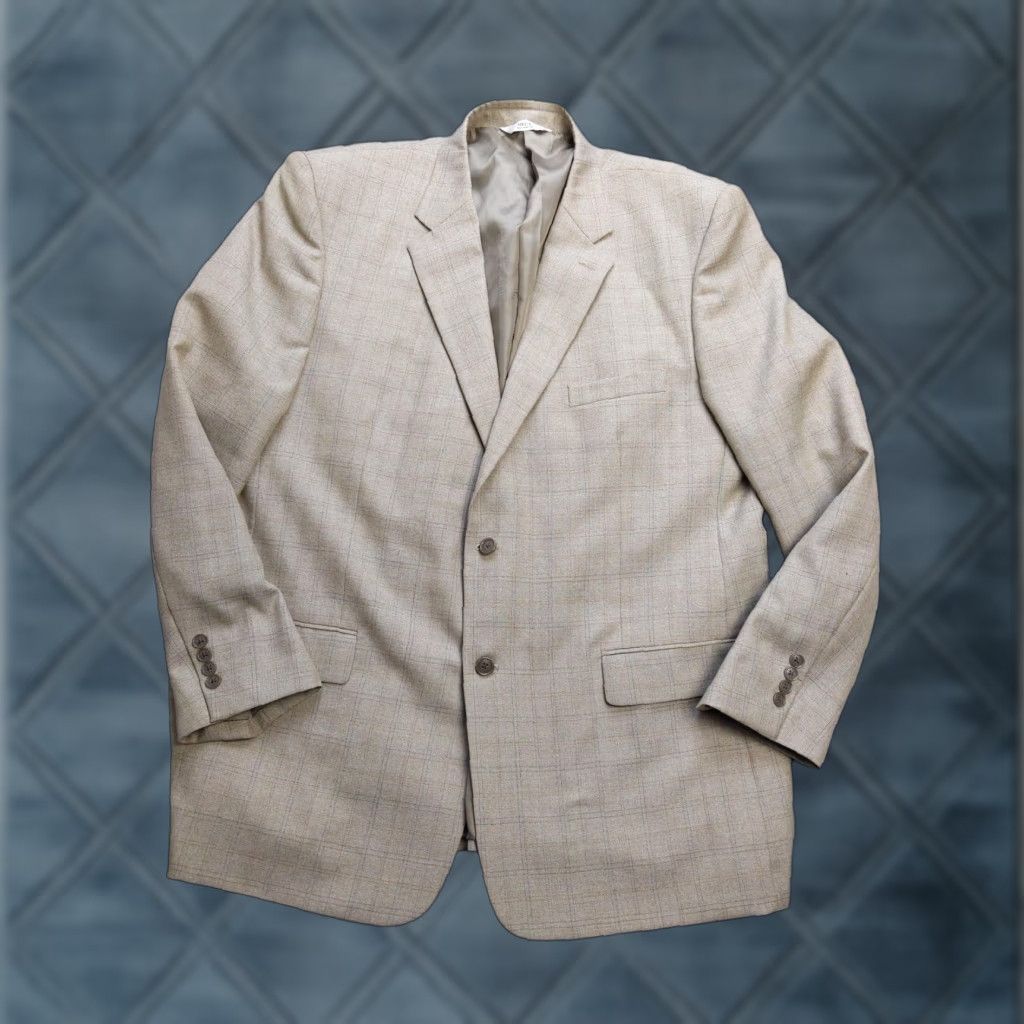 Vintage Versini Blazer Mens 50 Long Tan Beige Windowpane Wool Blend Sport Coat Jacket Size 50R - 1 Thumbnail