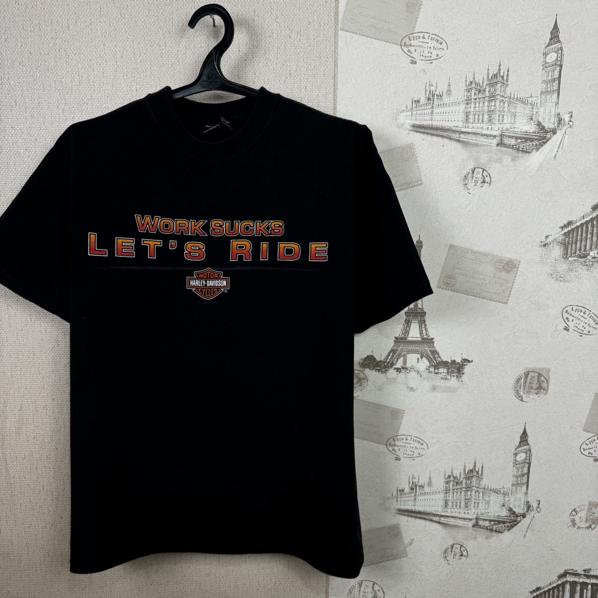 Harley Davidson × Vintage Vintage Harley Davidson T shirt Work Sucks Lets Ride Black Size US XL / EU 56 / 4 - 6 Thumbnail