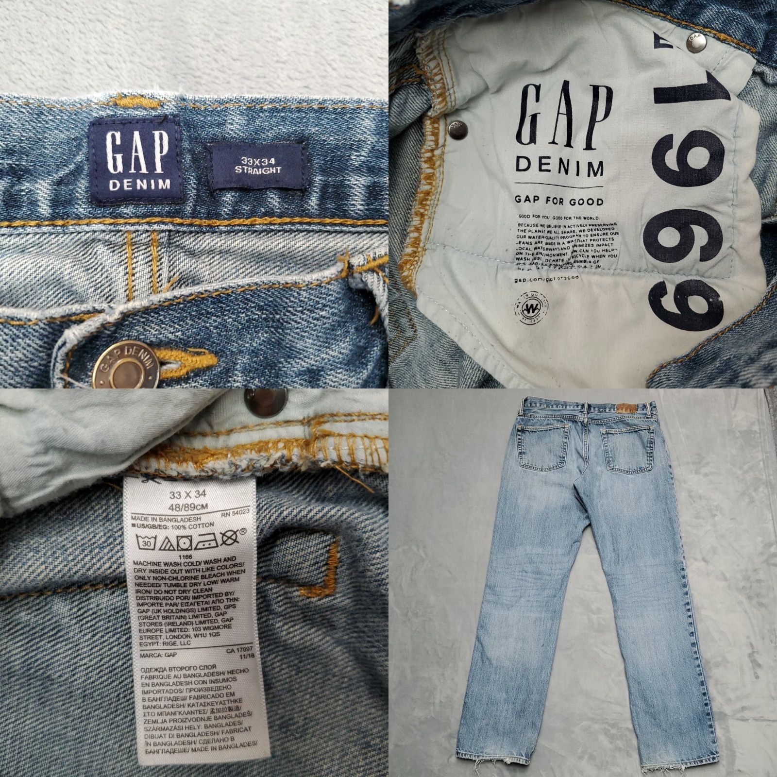 Gap Gap Jeans Mens 33x34 Blue Denim 100% Cotton Straight Leg Medium Wash Classics Jeans Mens 90s USA American Belt Loops 5-Pocket Zip Bags Womens? Size US 33 - 8 Thumbnail