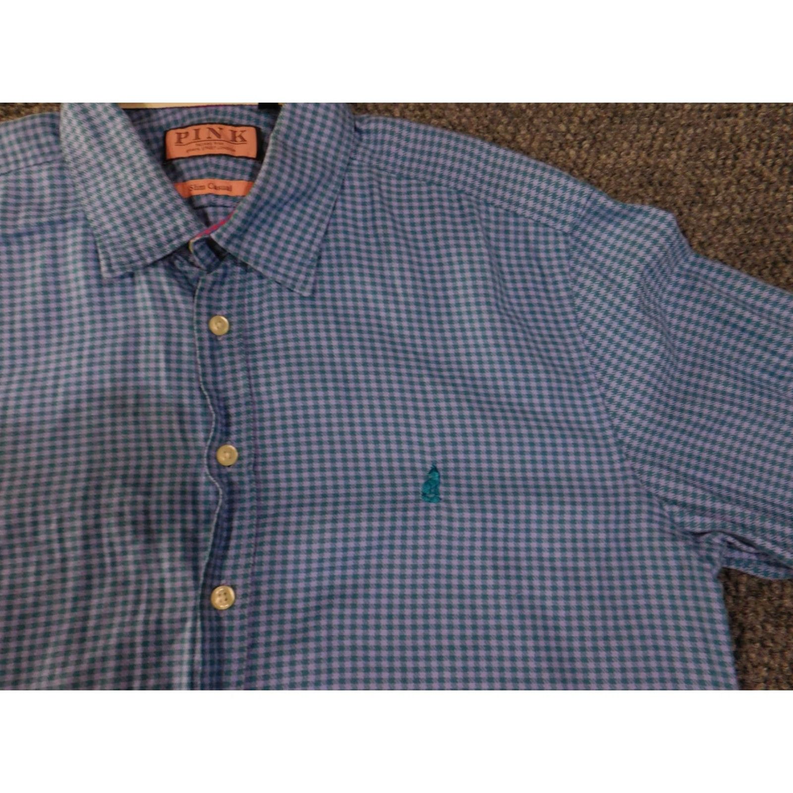Pinko Thomas Pink Shirt Large Blue Houndstooth Slim Casual Long Sleeve Button Up Mens Size US L / EU 52-54 / 3 - 5 Thumbnail