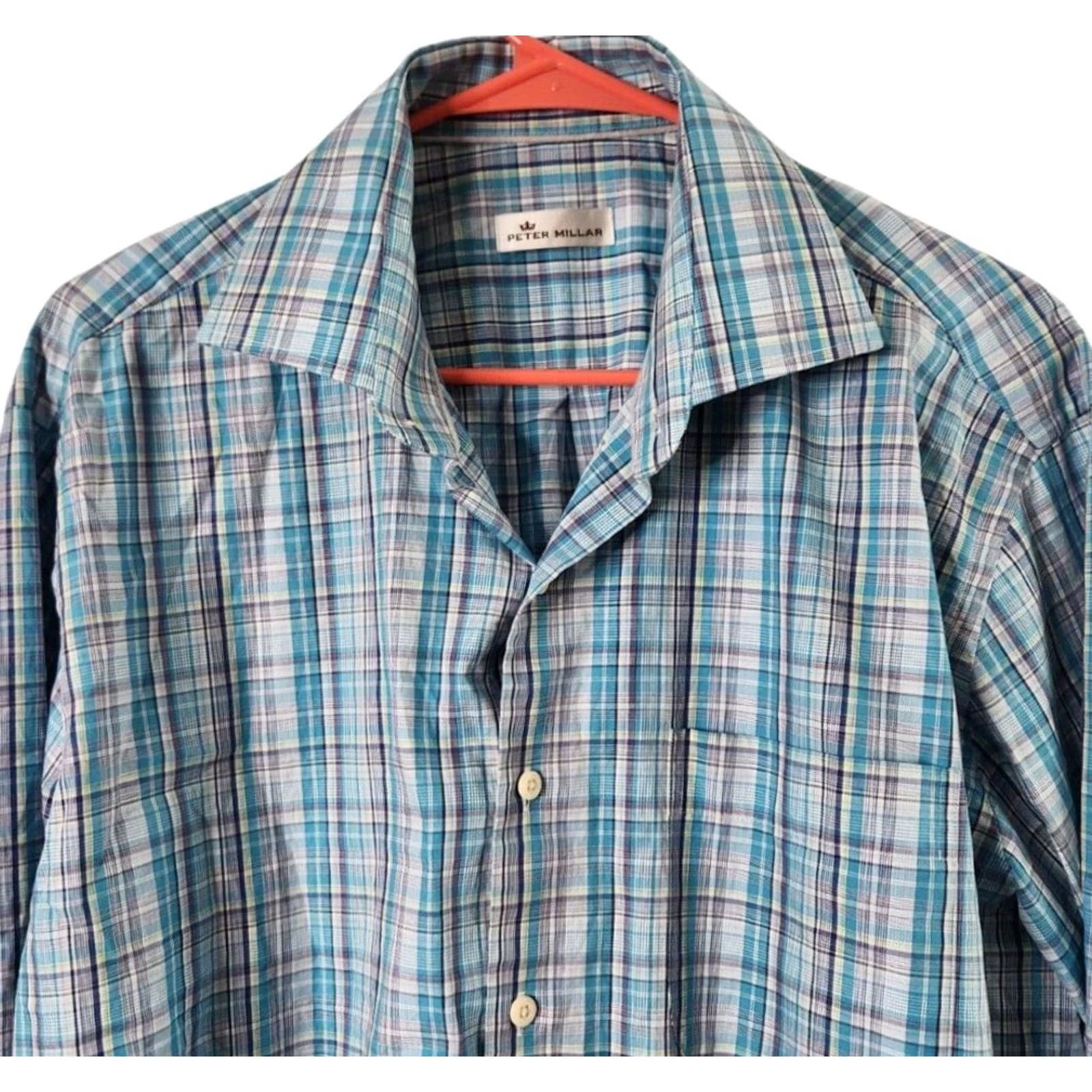 Peter Millar Peter Millar Mens Dress Shirt Long Sleeve Plaid Blue 100% Cotton Button Front L Size Mens Size 42R - 3 Thumbnail