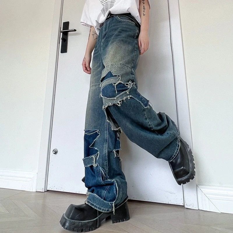 image of Distressed Denim Double Layered Cut Hole Hollow Out Wide Leg Jean in Blue, Men's (Size 34)