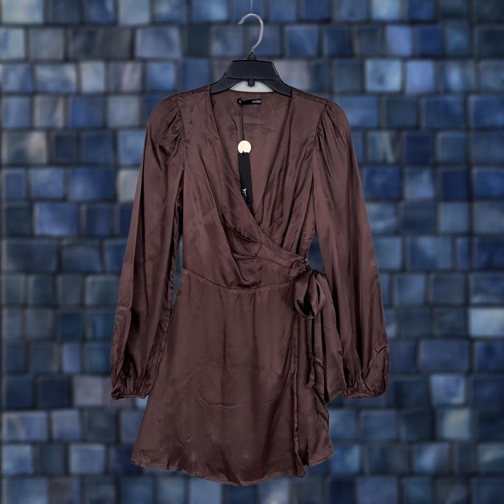 Krisa Krisa Dress Womens XS Brown Satin Wrap Long Sleeve Mini Made In USA Party NWT Size XS / US 0-2 / IT 36-38 - 1 Thumbnail