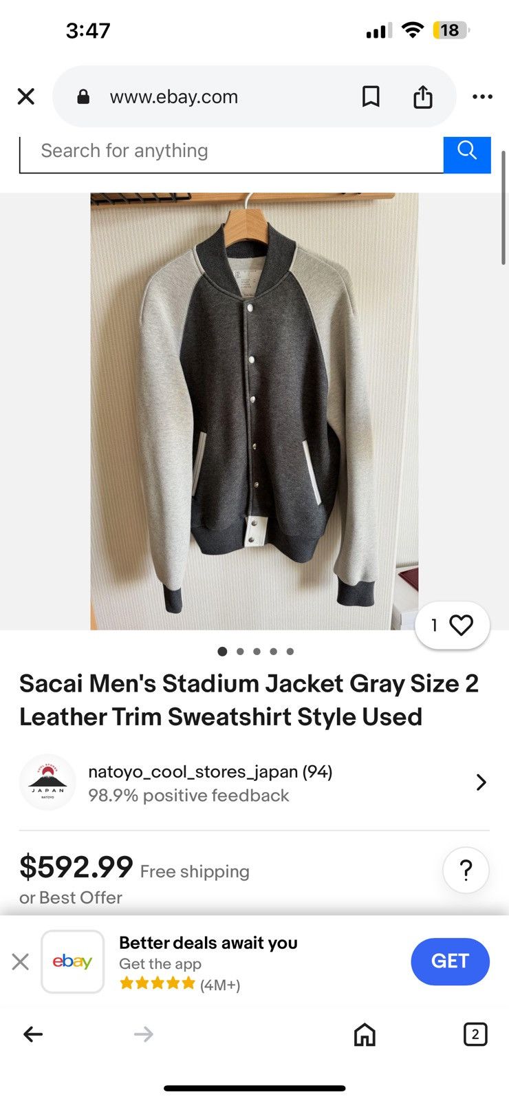 Sacai Sacai Stadium Bomber Leather made in Japan black bomber Size US S / EU 44-46 / 1 - 8 Thumbnail