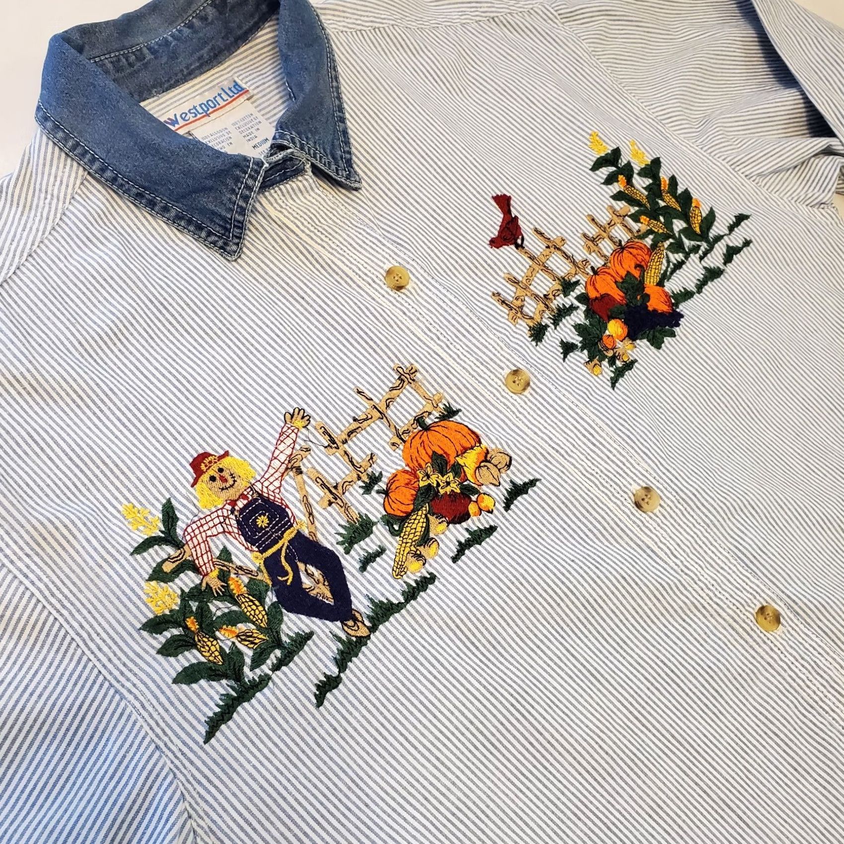 Denime VINTAGE Denim Striped Pumpkin Patch Embroidered Fall Button Up Shirt Sz Med Womens Size M / US 6-8 / IT 42-44 - 5 Thumbnail
