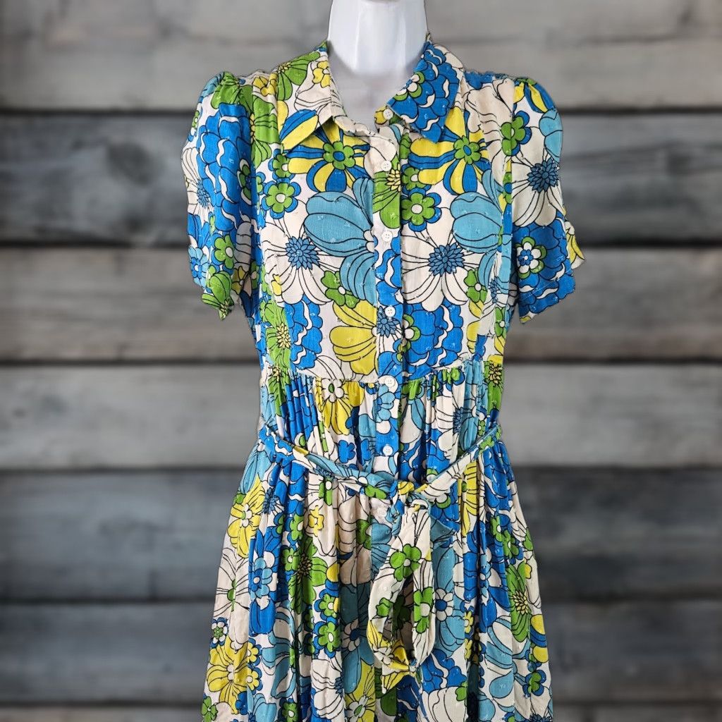 Vintage Aura Womens Shirt Dress Sz Large Blue Floral Belted Button Up Rayon Midi Dress - Belted, Blue, Floral, Midi, Shirt Dress, Regular, Aura, Large, Womens Size L / US 10 / IT 46 - 1 Thumbnail