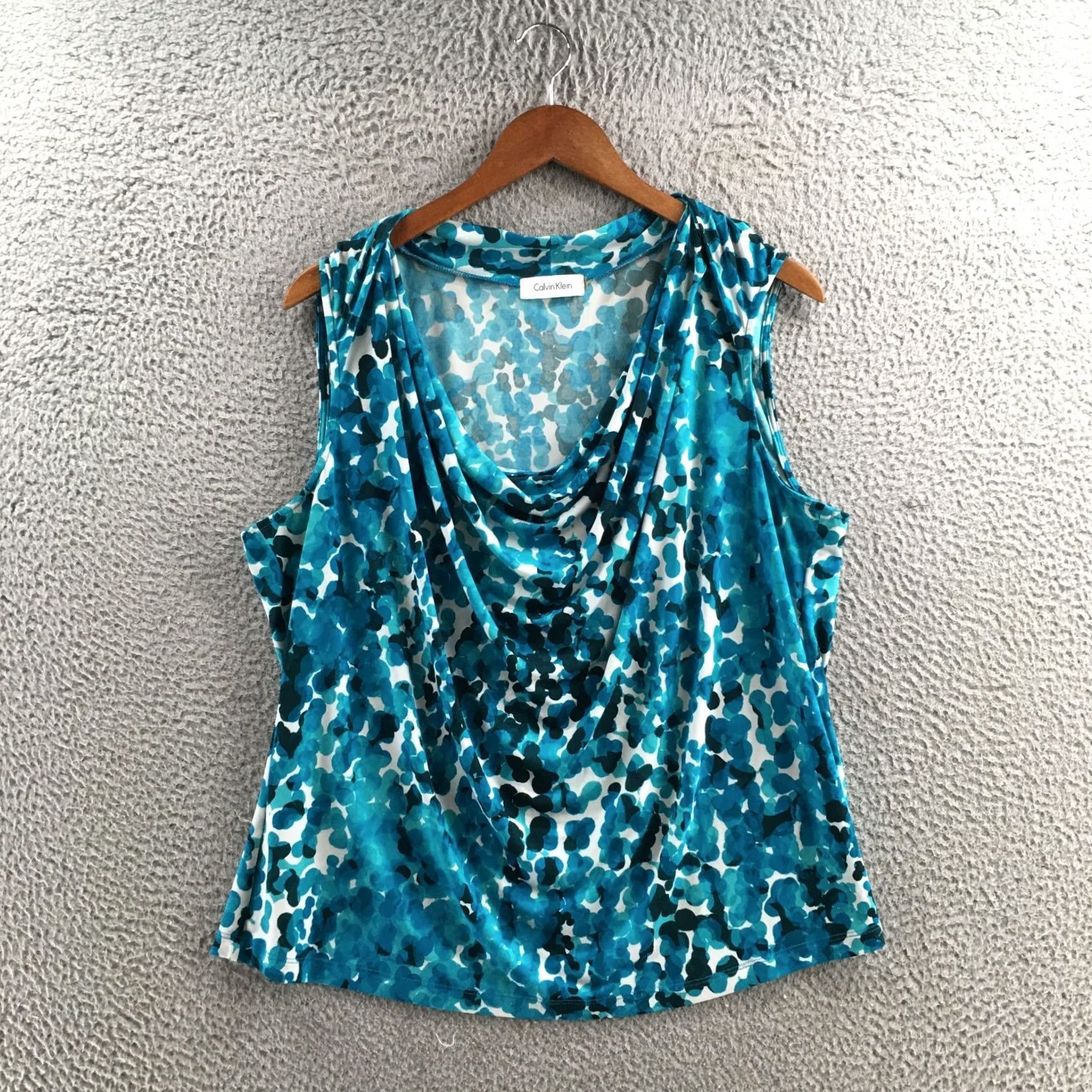 Calvin Klein Calvin Klein Blouse Womens 1X Blue Abstract Sleeveless Cowl Neck Stretch Top Size XL / US 12-14 / IT 48-50 - 2 Thumbnail