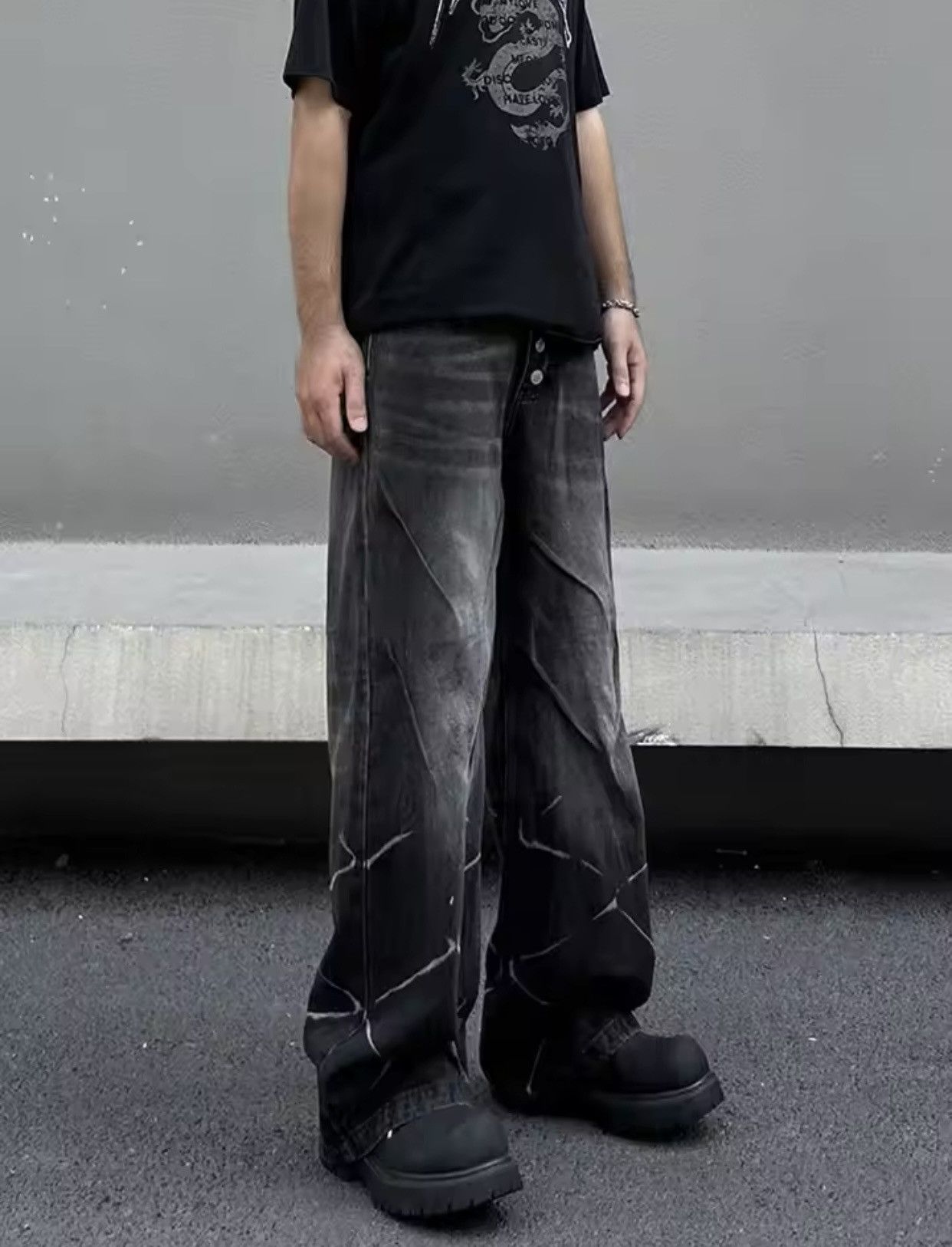 Denime × Vintage Cyber Y2K Streetwear Lightning Pattern Pleated Baggy Jeans Size US 27 - 6 Thumbnail