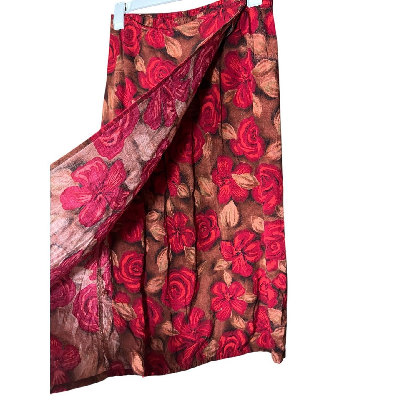 Other Vintage Sag Harbor Petite Red Roses Brown Long Skirt Faux Wr Size 31" - 2 Thumbnail