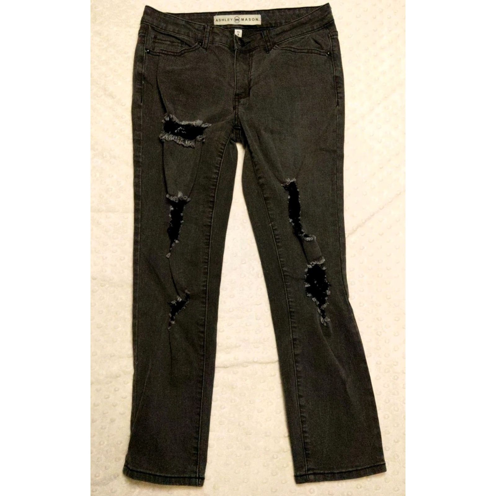 Denime Ashley Mason Jeans Women Size 5 Black Denim Straight Capris Distressed Front 5-Pocket Design Lounge Everyday Wear Size 27" / US 4 / IT 40 - 2 Thumbnail