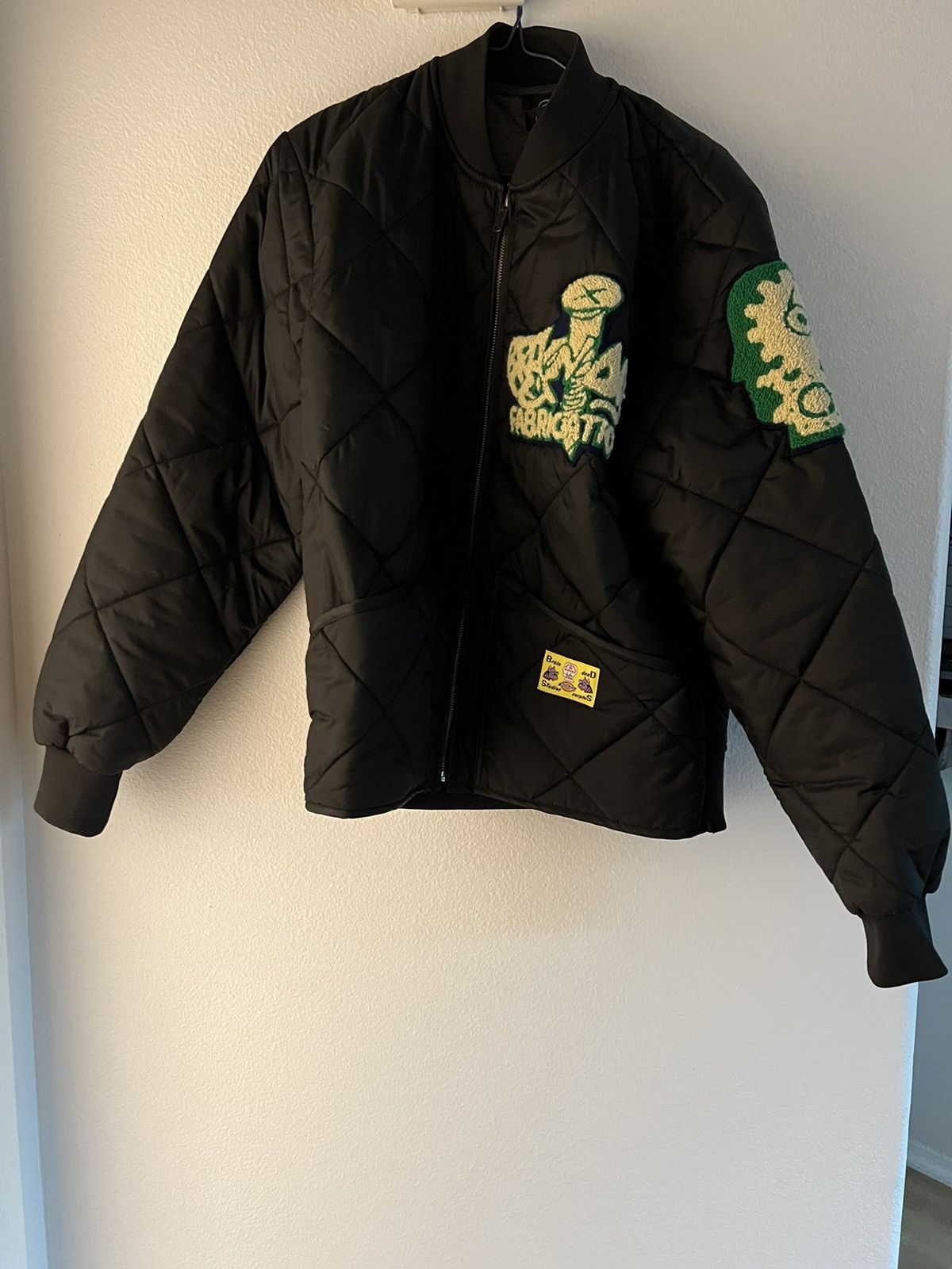 image of Brain Dead x Dickies Chenille Patch Quilted Bomber Jacket in Black, Men's (Size Small)