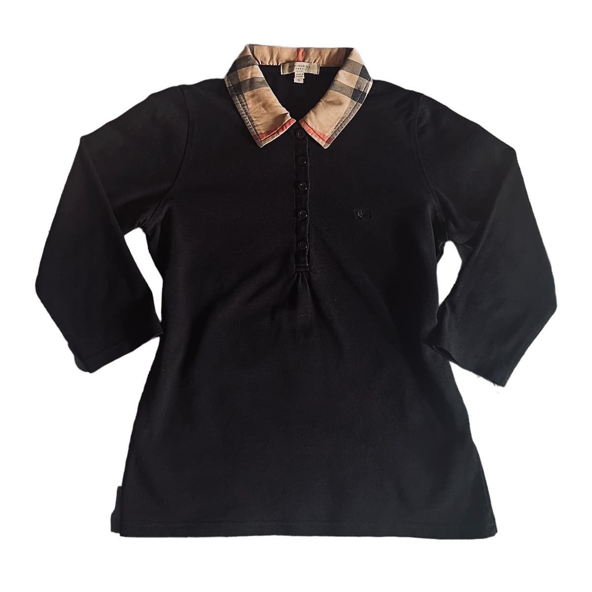 image of Burberry Check Print Collar 3/4 Sleeve Black Polo | Size S, Women's