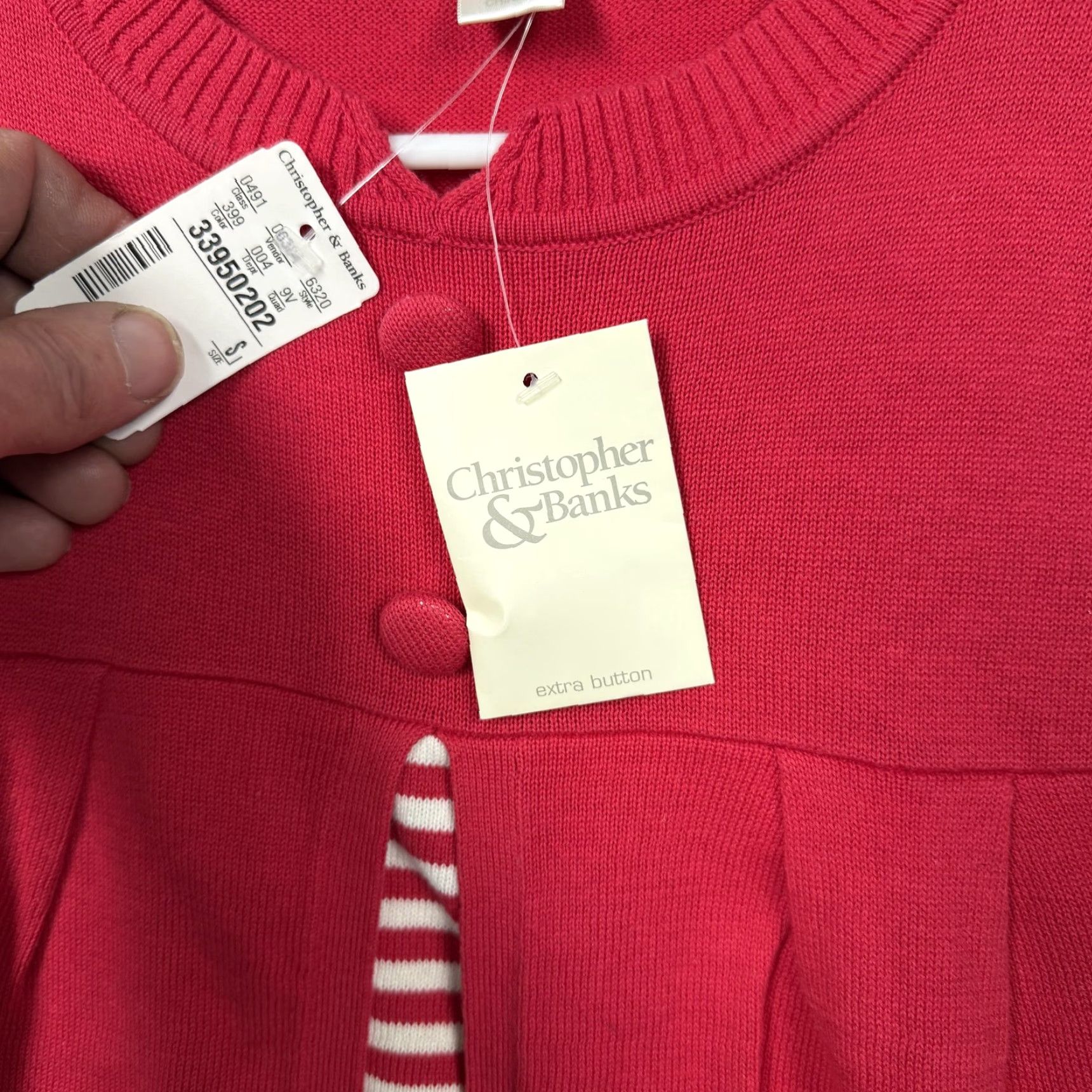Vintage Christopher & Banks Cardigan Sweater Womens S Red Pleated Striped NWT Size S / US 4 / IT 40 - 3 Thumbnail