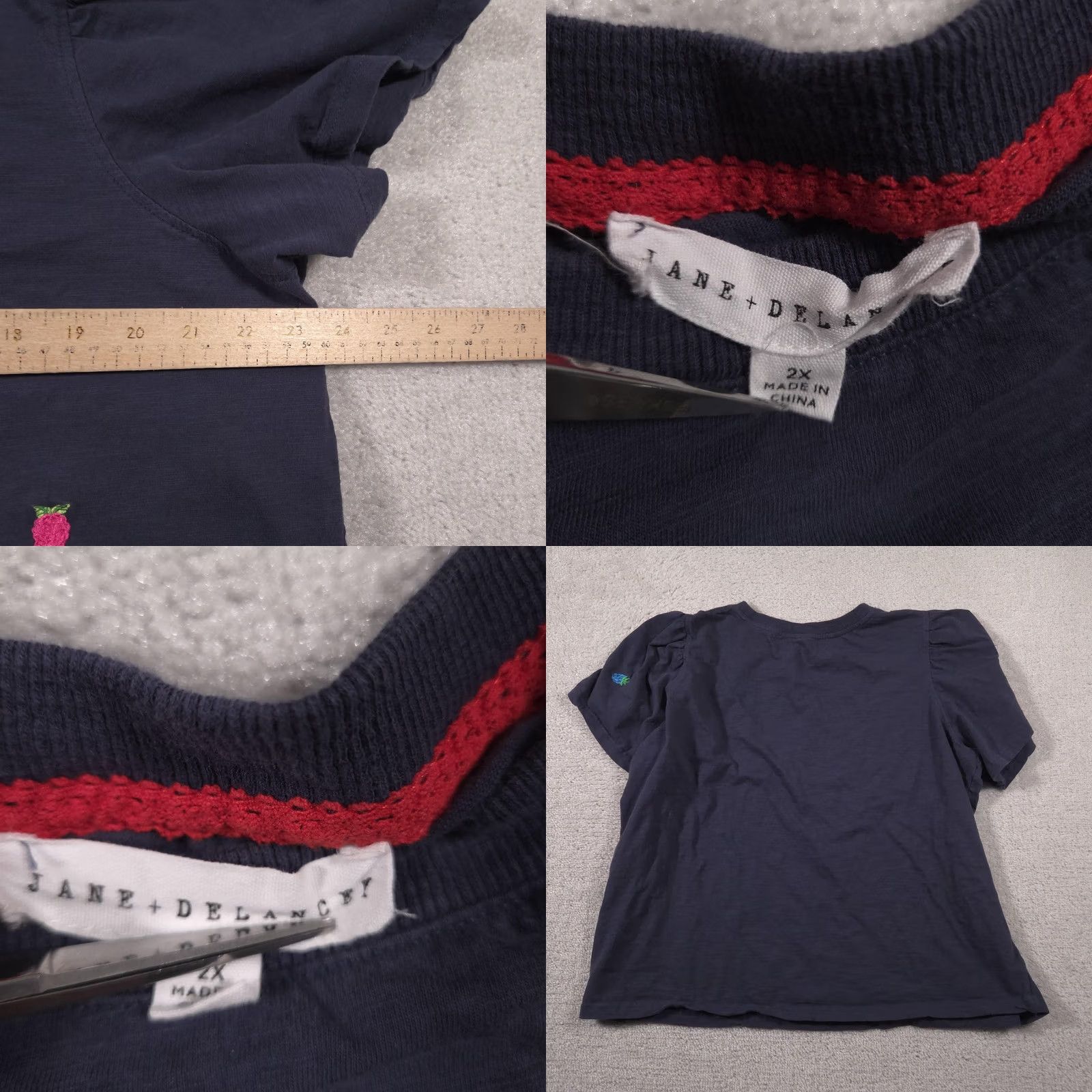 Gloverall VINTAGE Jane + Delancey Shirt Womens 2X Navy Embroidered Fruit Allover Puff Sleeve Tee Size XXL / US 16-18 / IT 52-54 - 8 Thumbnail