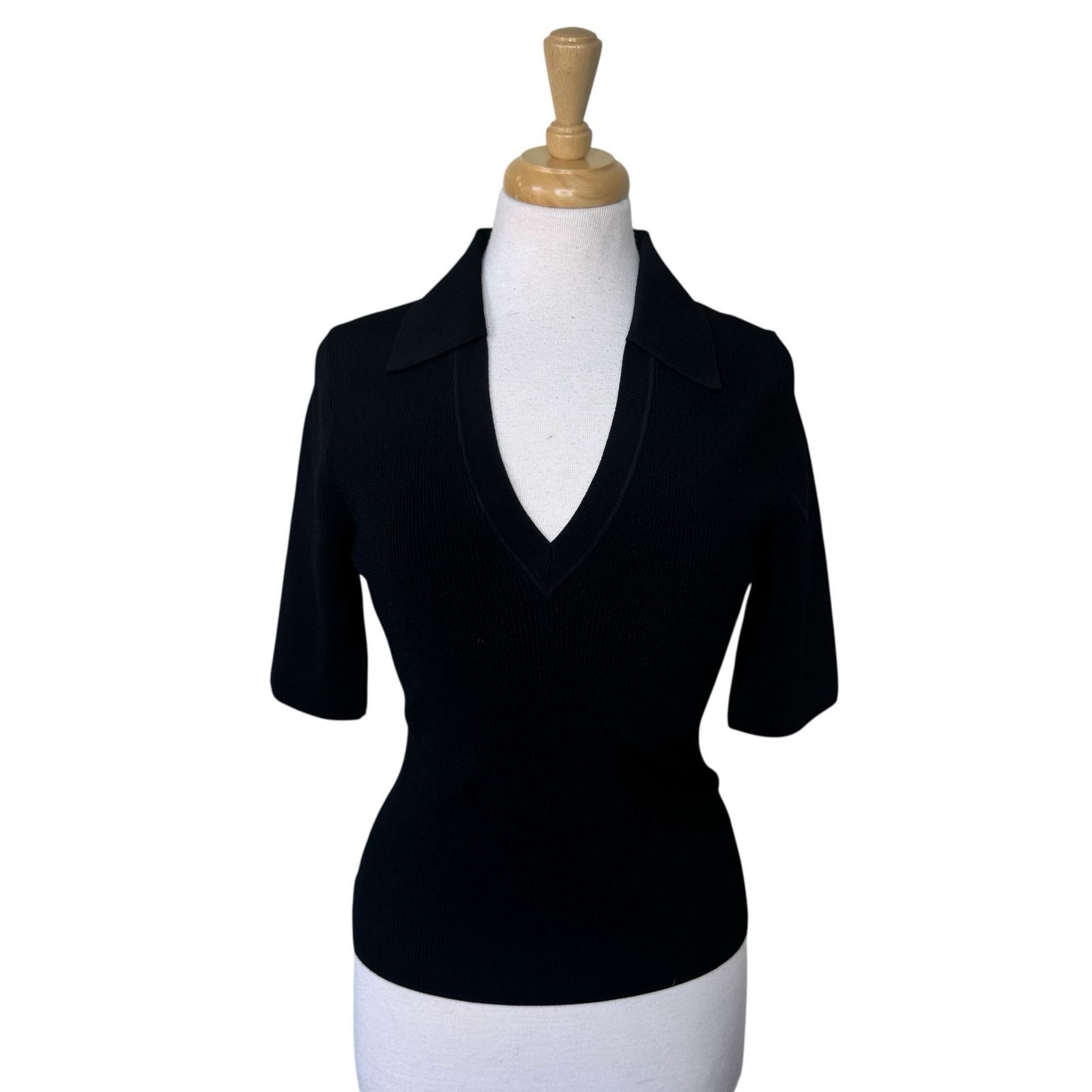 Veronica Beard VERONICA BEARD Emily Polo Collared Shirt Black Stretch Knit Size M / US 6-8 / IT 42-44 - 2 Thumbnail
