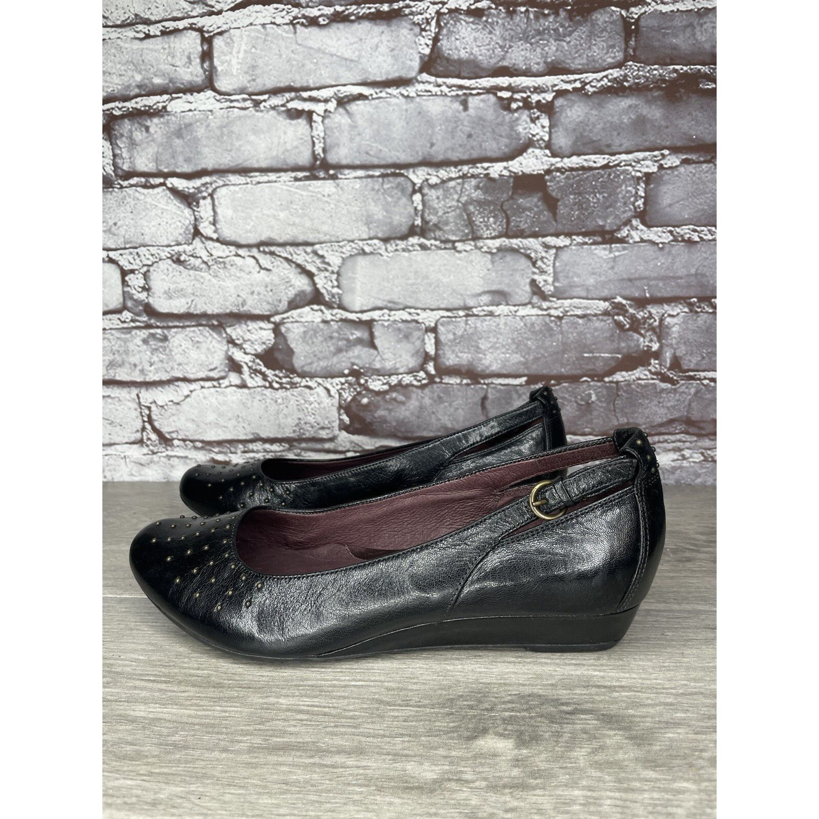 Clarks INDIGO BY CLARKS Black Lea Bishop Studded Slip On Strap Wedg Size US 8 / IT 38 - 1 Thumbnail
