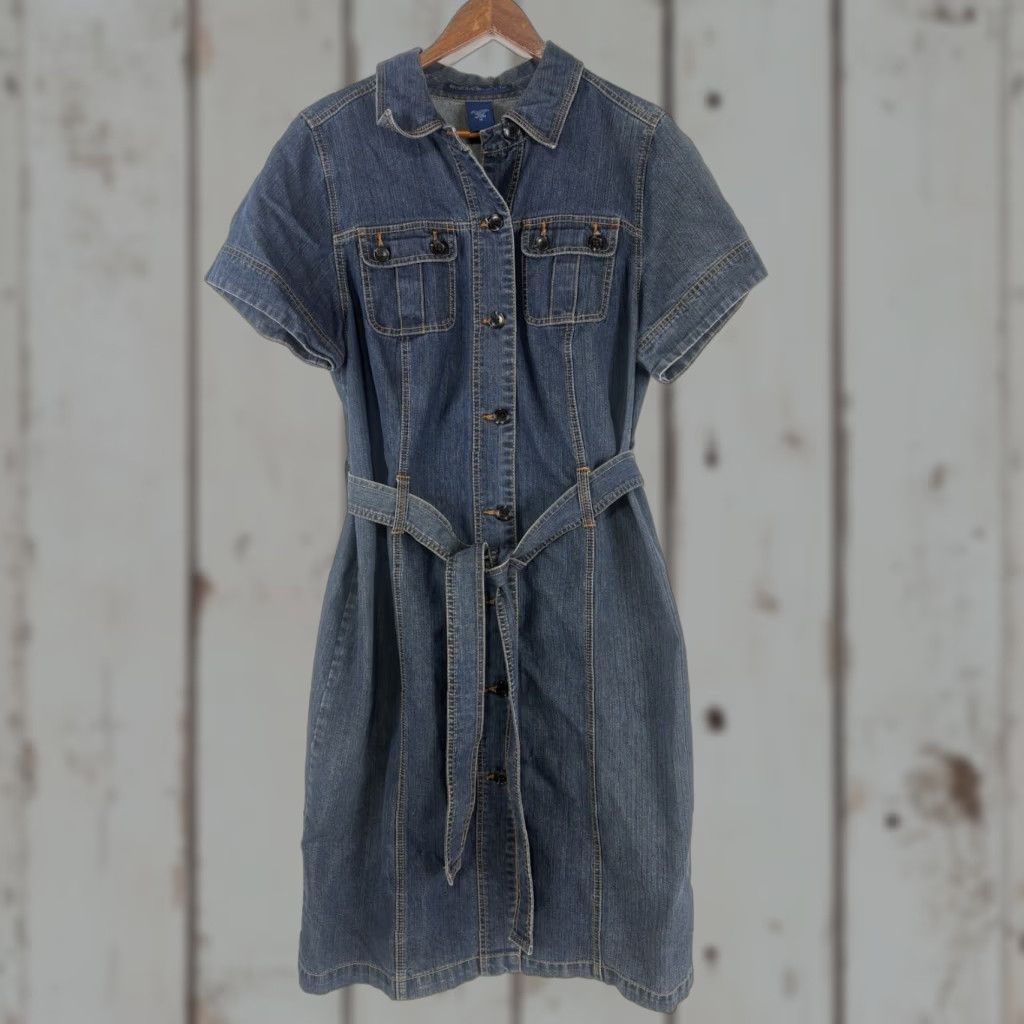 Avenue Avenue Jeans Dk Wash Maxi Dress Womens Size 16 Button Denim Cotton Polyester Belted Pockets Short Sleeve Collared Blue Retro 90s Classic Long Sleeve? Size 38" / US 16 / IT 52 - 1 Thumbnail