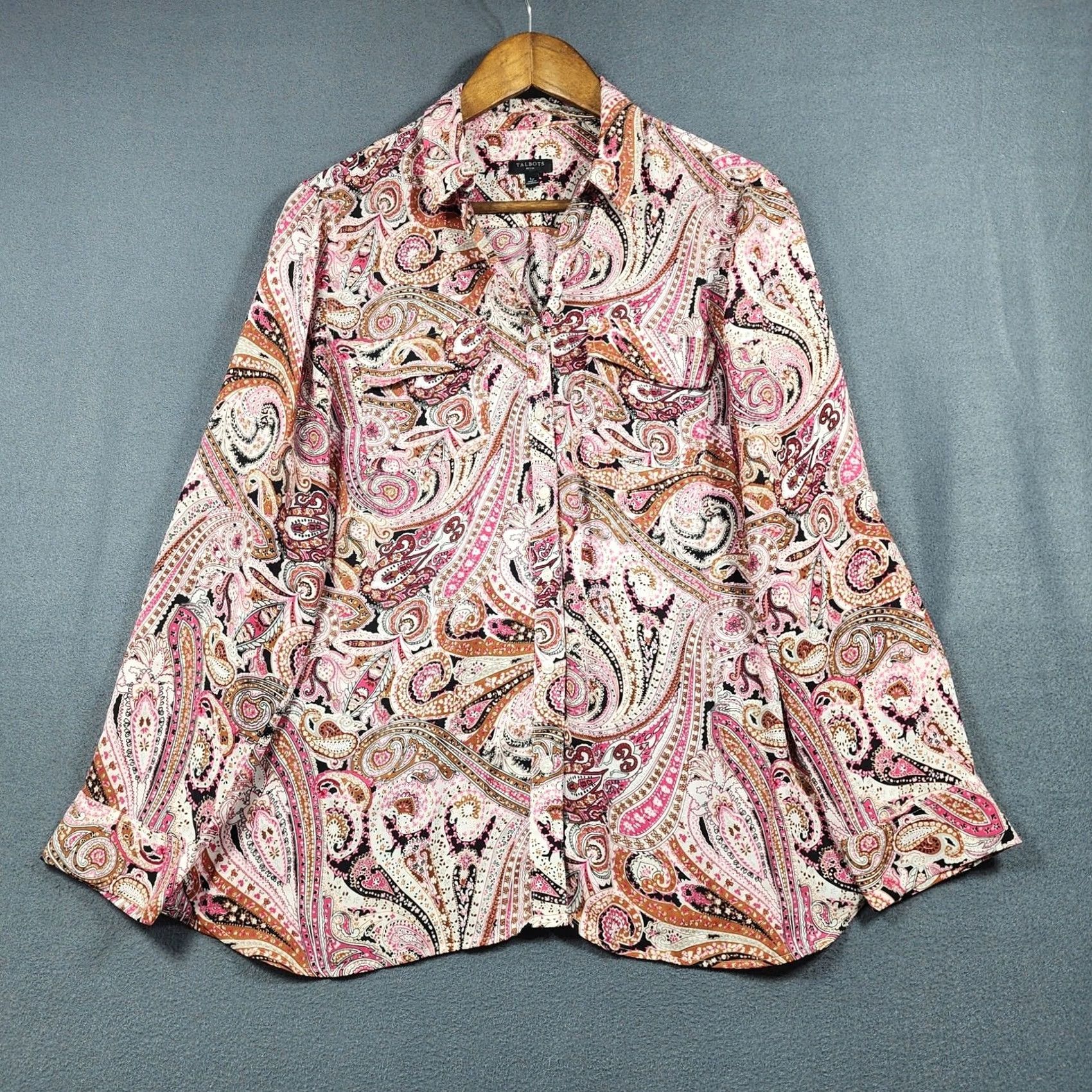 Talbots Talbots Womens Top Large Petite Pink Paisley Lightweight Button Up Office Artsy Blouse Long Sleeve Button Collar Petites Women Size L / US 10 / IT 46 - 2 Thumbnail