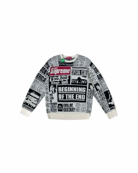 Supreme newsprint sweater hot sale white