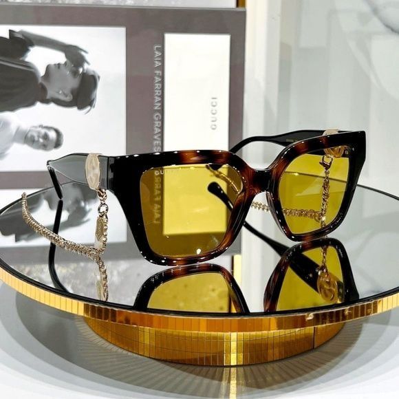 image of New Gucci Gg1023S - 004 Chain Yellow Lens Sunglasses in Brown, Women's