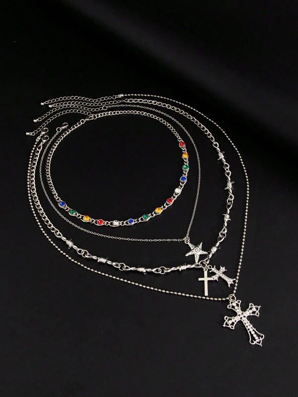 Jewelry x Vintage 4Pcs Vintage Pendant Y2K Necklace Chain in Silver, Men's