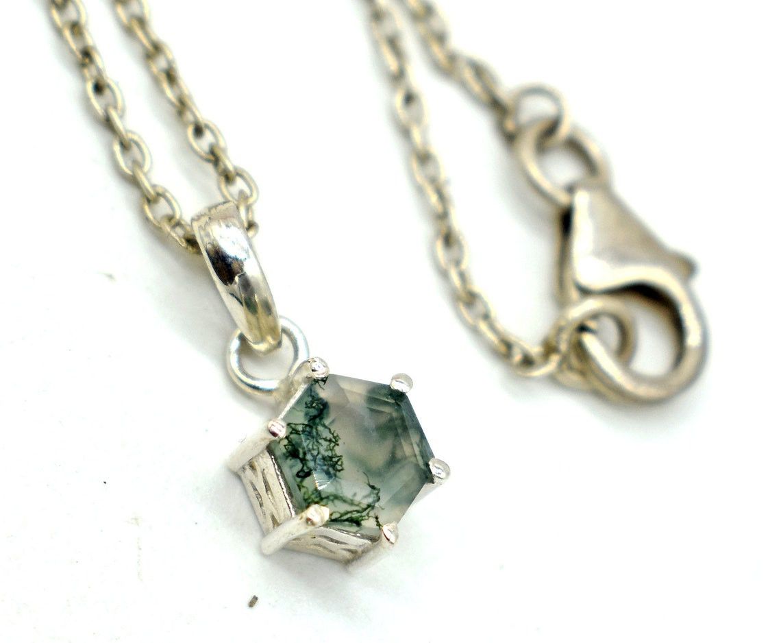 Handmade Cut Moss Agate Silver Necklace, Moss agate Necklace, Size ONE SIZE - 2 Thumbnail