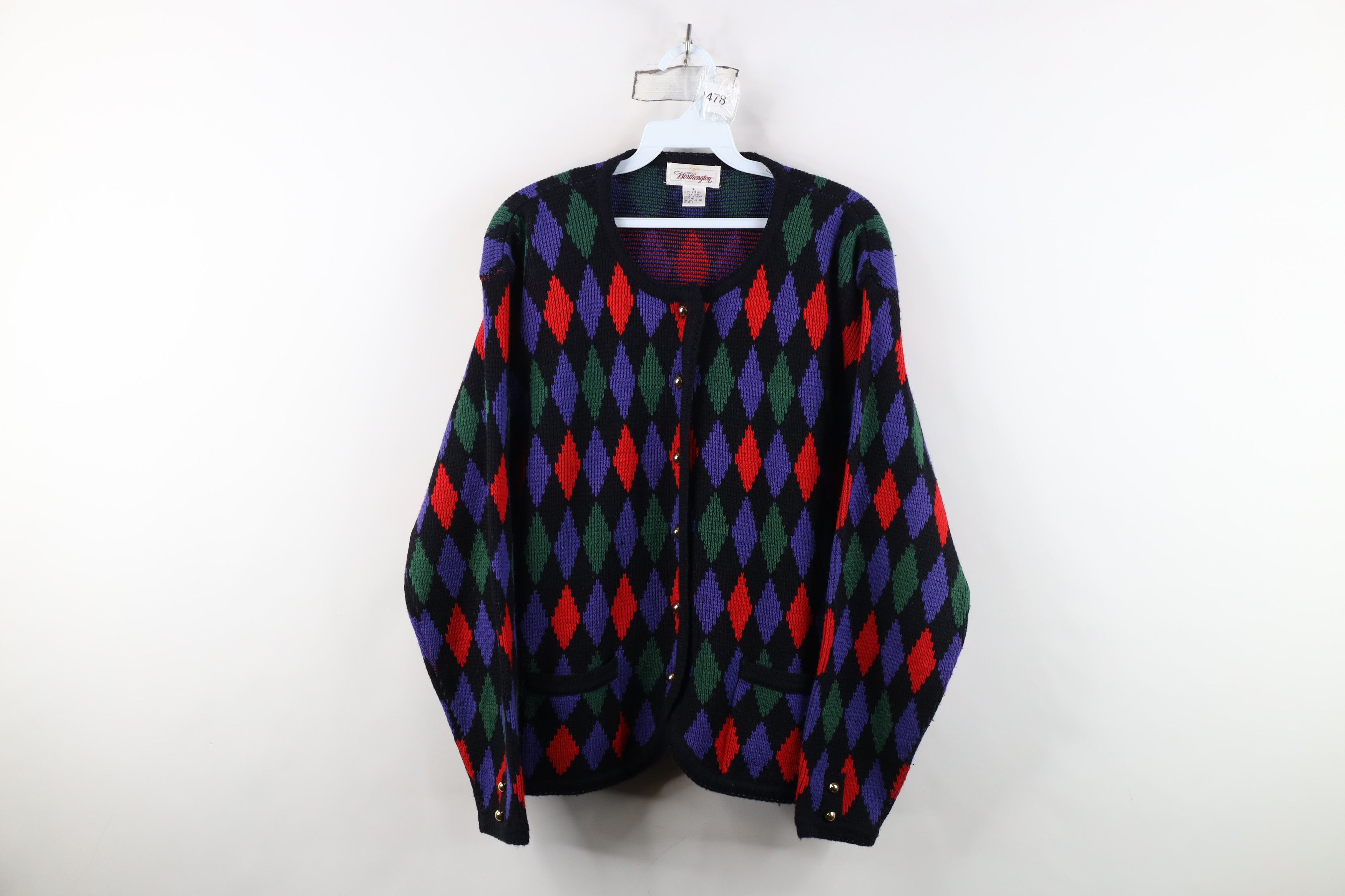 Vintage Vintage 90s Streetwear Diamond Knit Cardigan Sweater Acrylic Size XL / US 12-14 / IT 48-50 - 1 Thumbnail