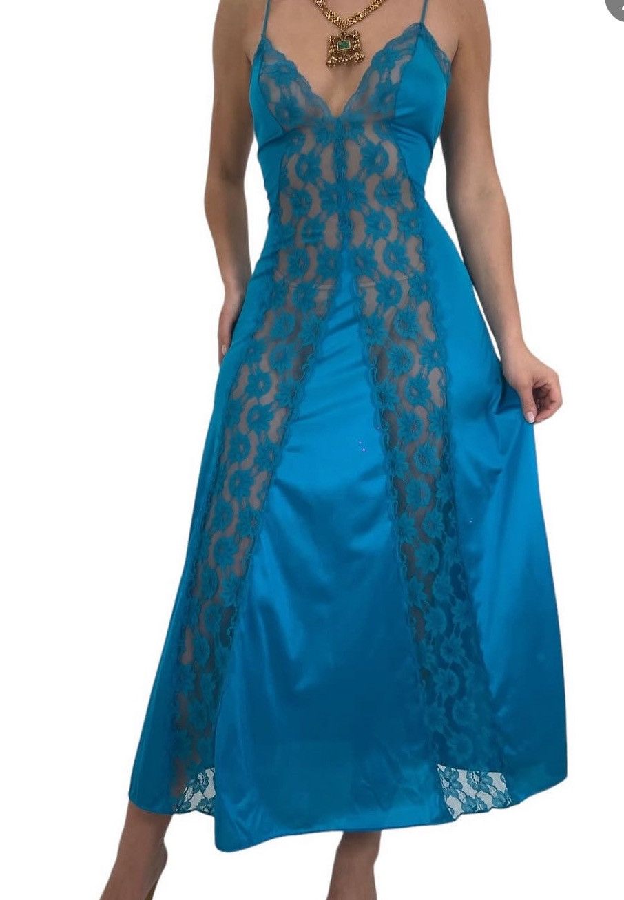 Other Vtg Val Mode Lingerie Slip Dress Nightgown Teal Lace Long Size S / US 4 / IT 40 - 15 Thumbnail
