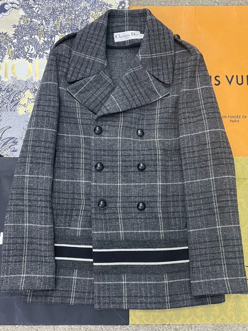 Dior Dior Gray Plaid Wool Double-Breasted Coat Size US M / EU 48-50 / 2 - 1 Thumbnail