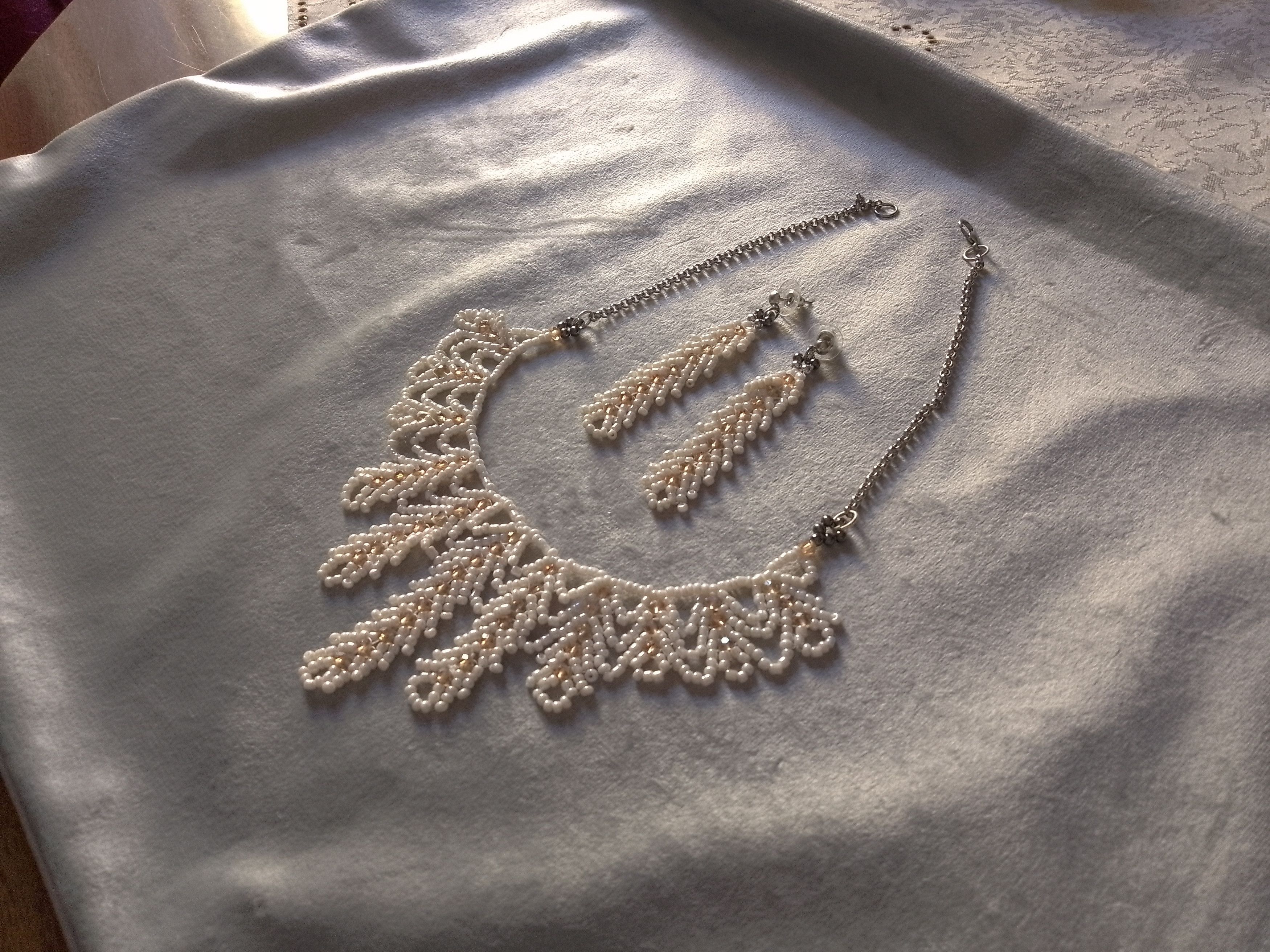 Handmade Necklace Ivory Elegant Wedding Embroidered Crystals Earrings Size ONE SIZE - 10 Thumbnail