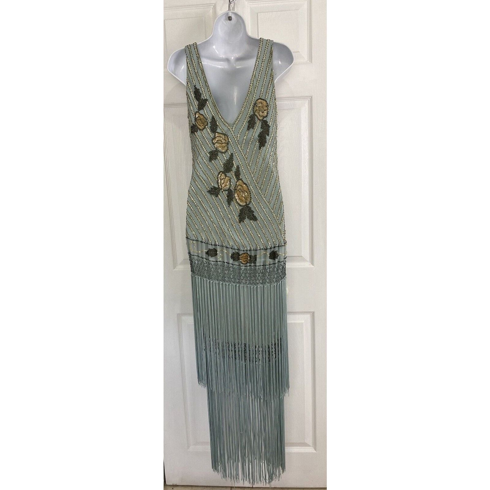 Other Cache Silk Beaded Fringe Floral Sequins Dress 10 Y2K Blue Size L / US 10 / IT 46 - 9 Thumbnail